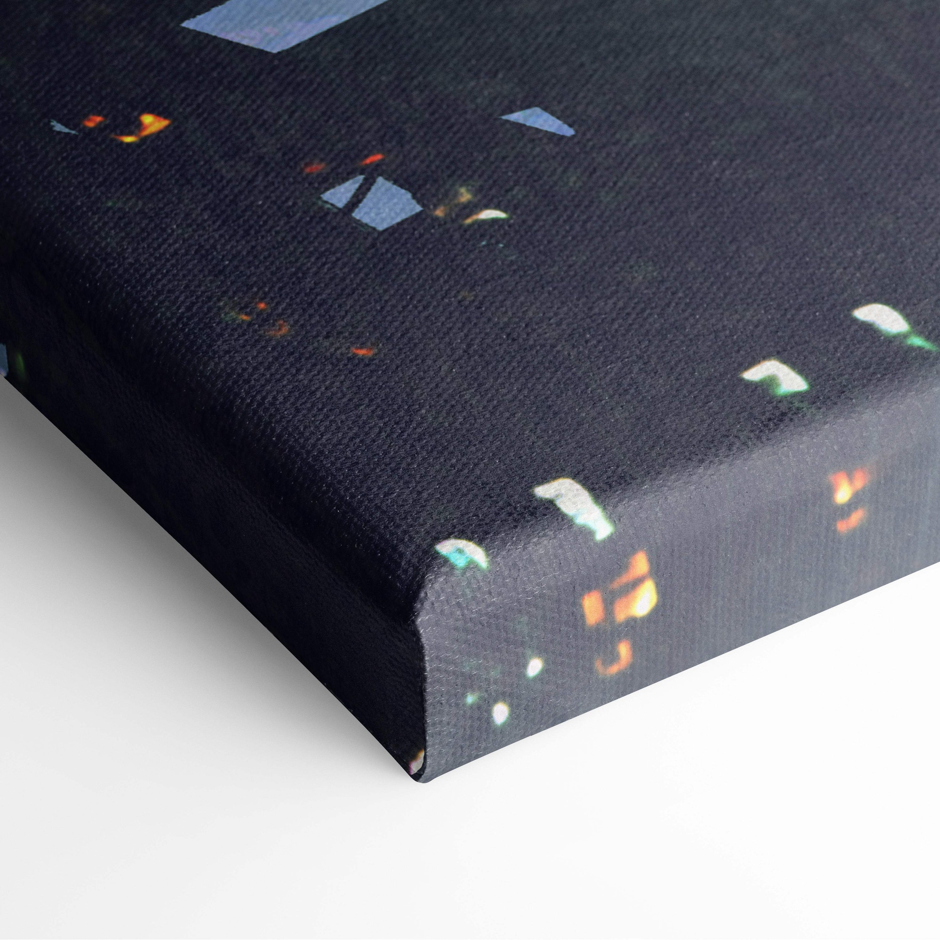 Black canvas print featuring a modern abstract design with colorful geometric shapes for cyberpunk samurai decor