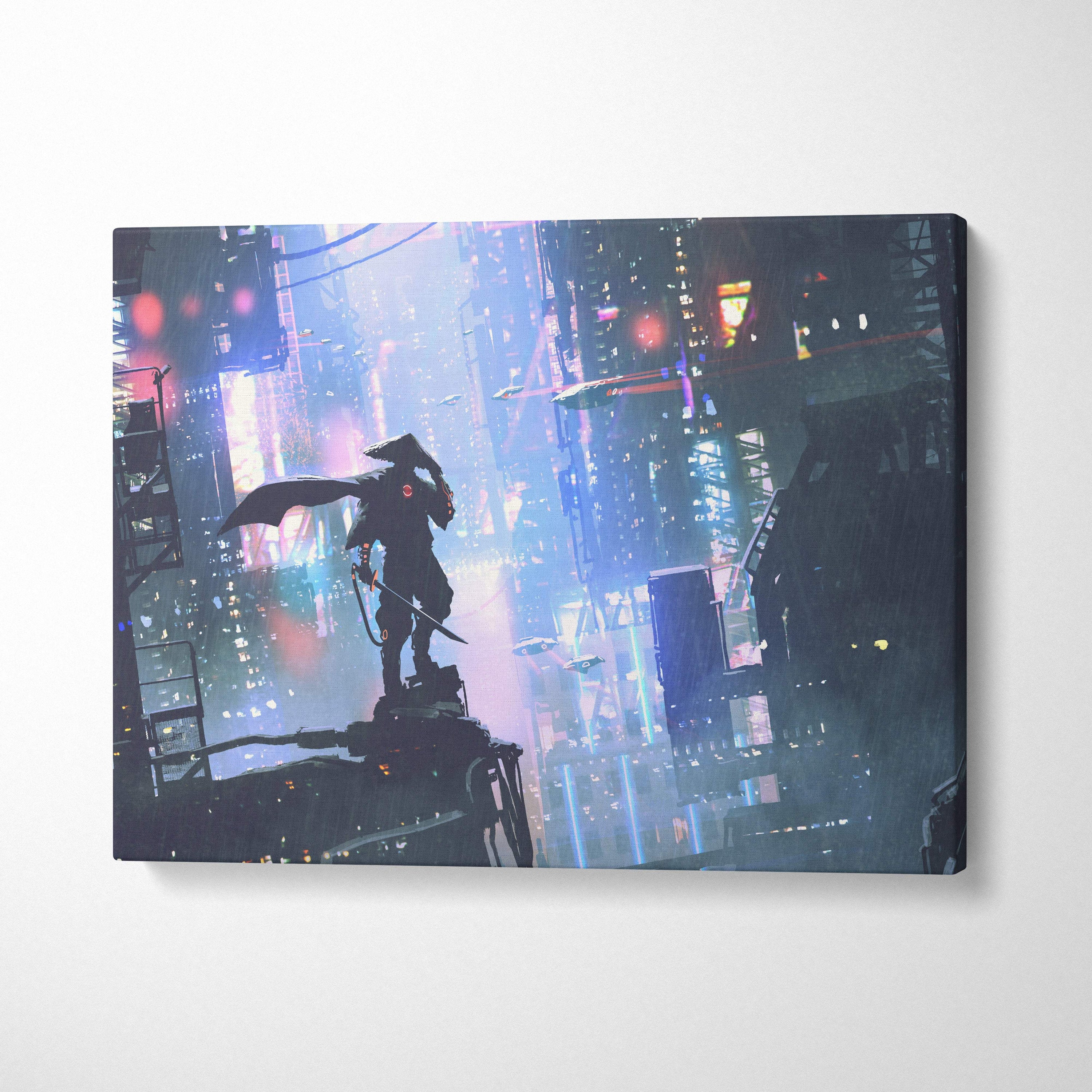 A rectangular canvas print showing a samurai silhouette in neon blue and purple futuristic cityscape at night