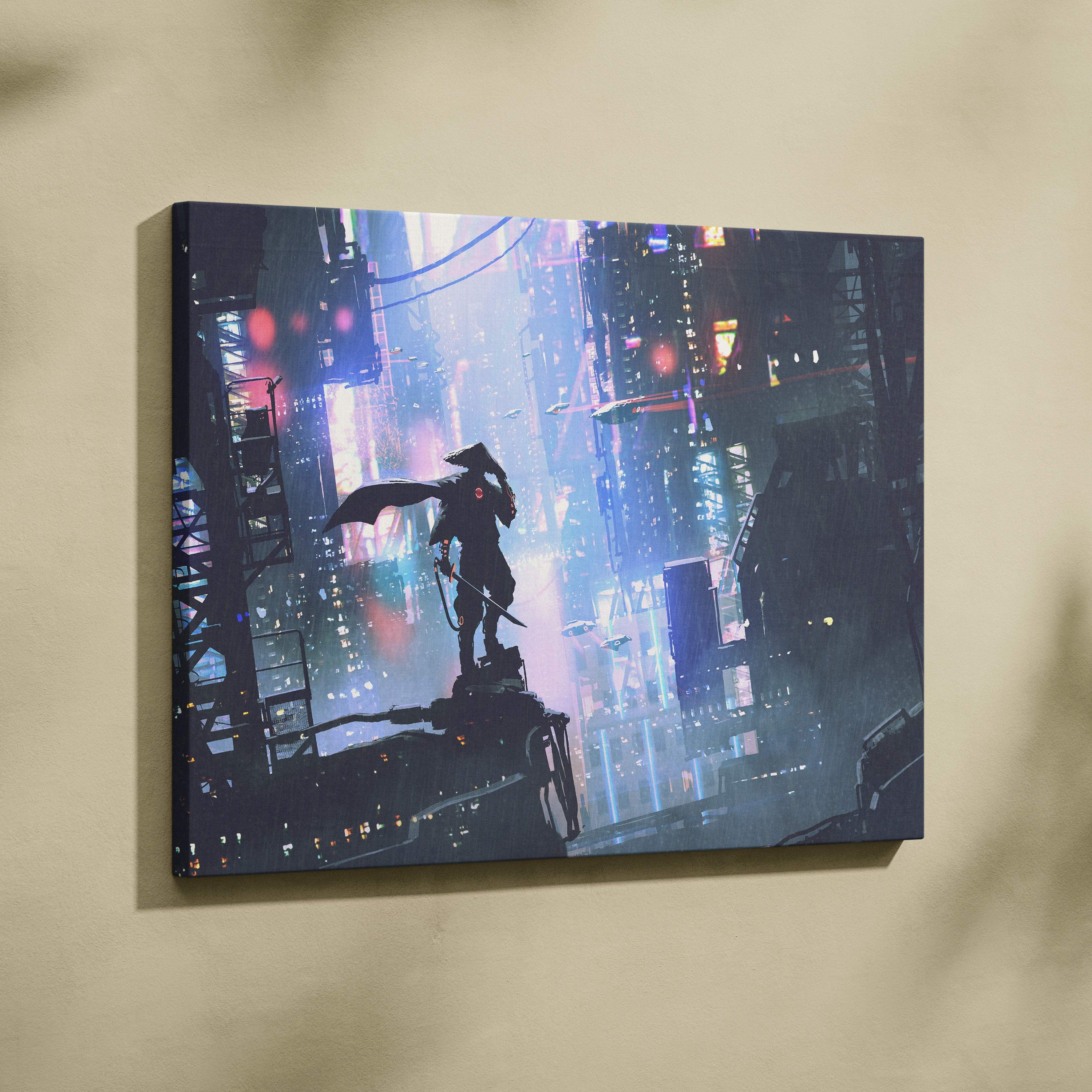 A framed canvas print of a cyberpunk samurai silhouette on machinery in neon purple and blue futuristic cityscape at night