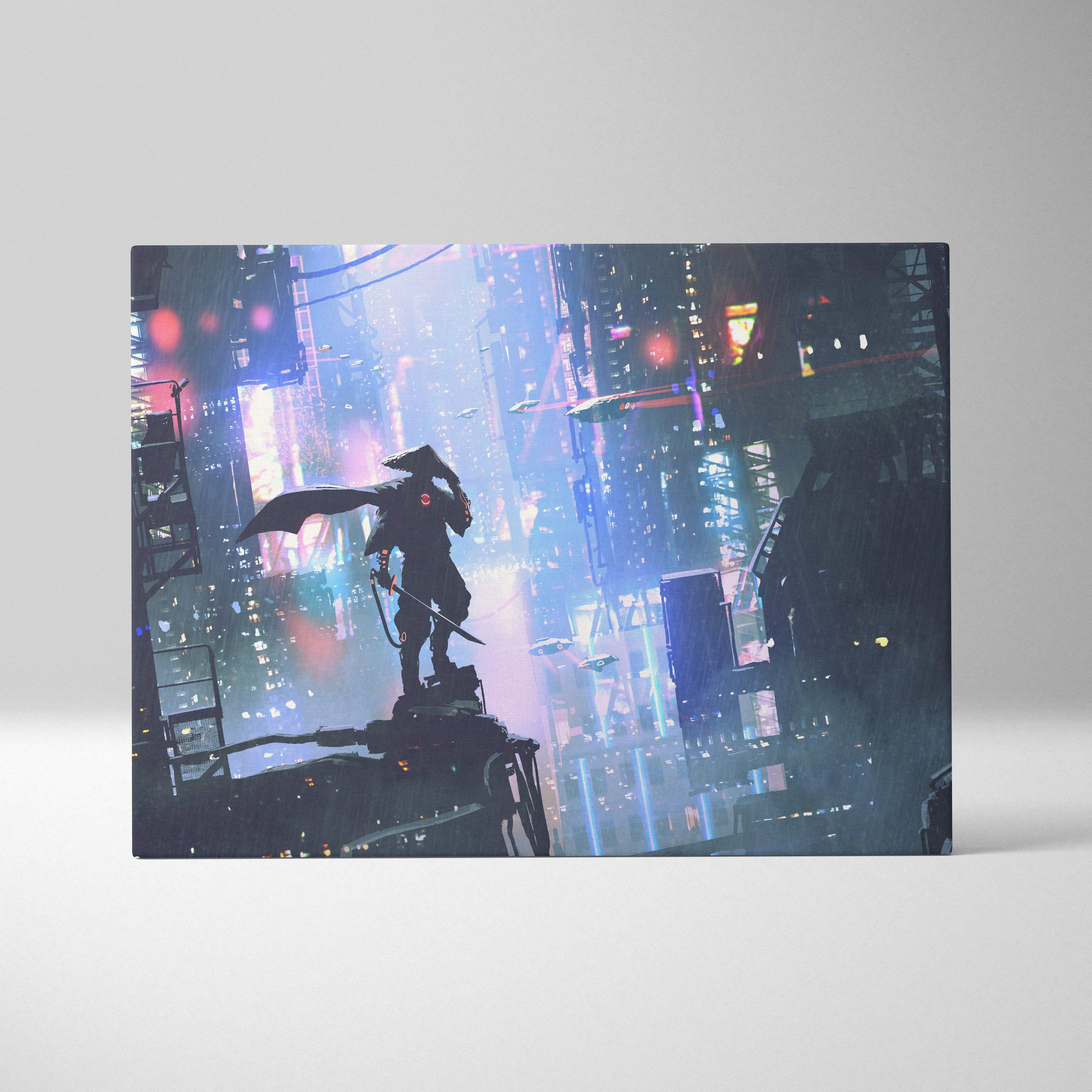 Cyberpunk samurai rooftop canvas wall art featuring a dark ninja silhouette against neon purple and blue city lights