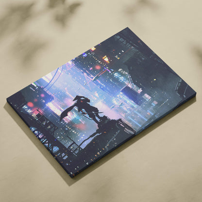 A rectangular canvas print of a dark samurai silhouette against a neon-lit purple and blue cyberpunk cityscape at night