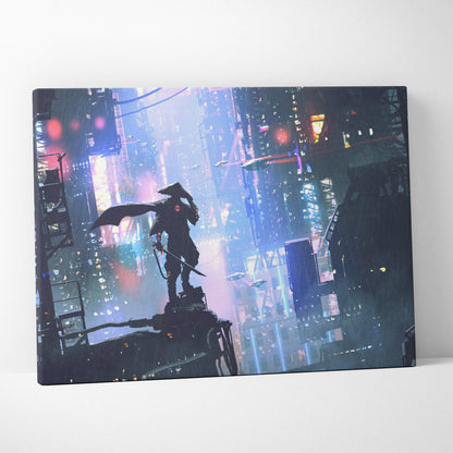 Cyberpunk samurai rooftop canvas wall art featuring a lone warrior with glowing red eyes against neon cityscape