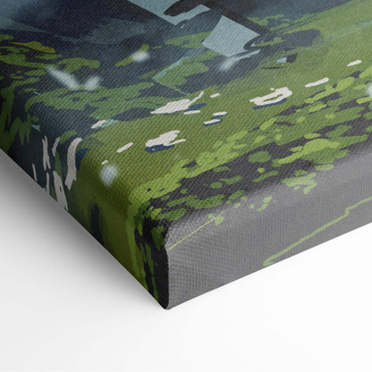 Textured canvas print of a serene samurai garden with vibrant green foliage and dark abstract tree silhouettes