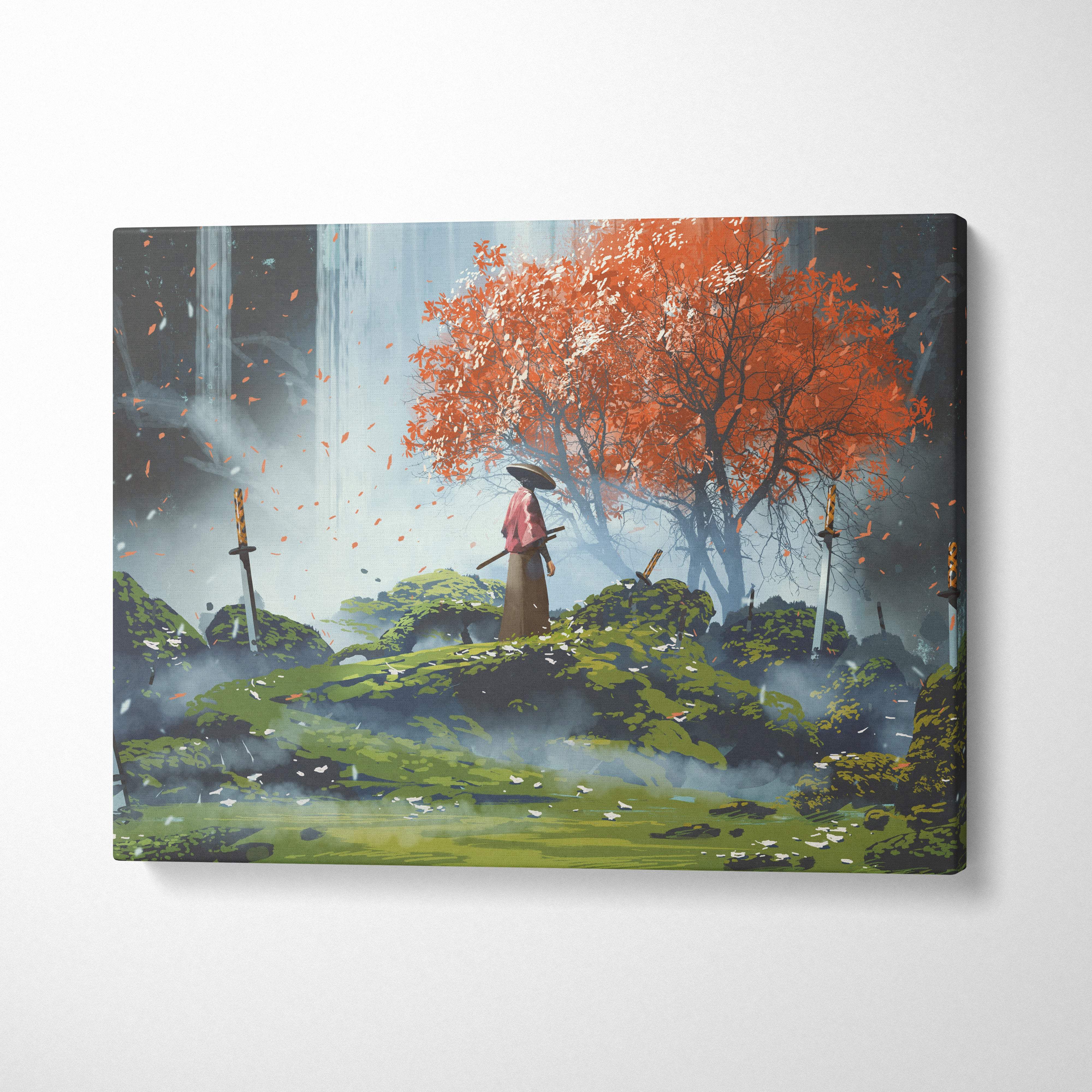 Rectangular canvas wall art of a lone samurai under an orange tree with swords in mossy rocks by a misty waterfall