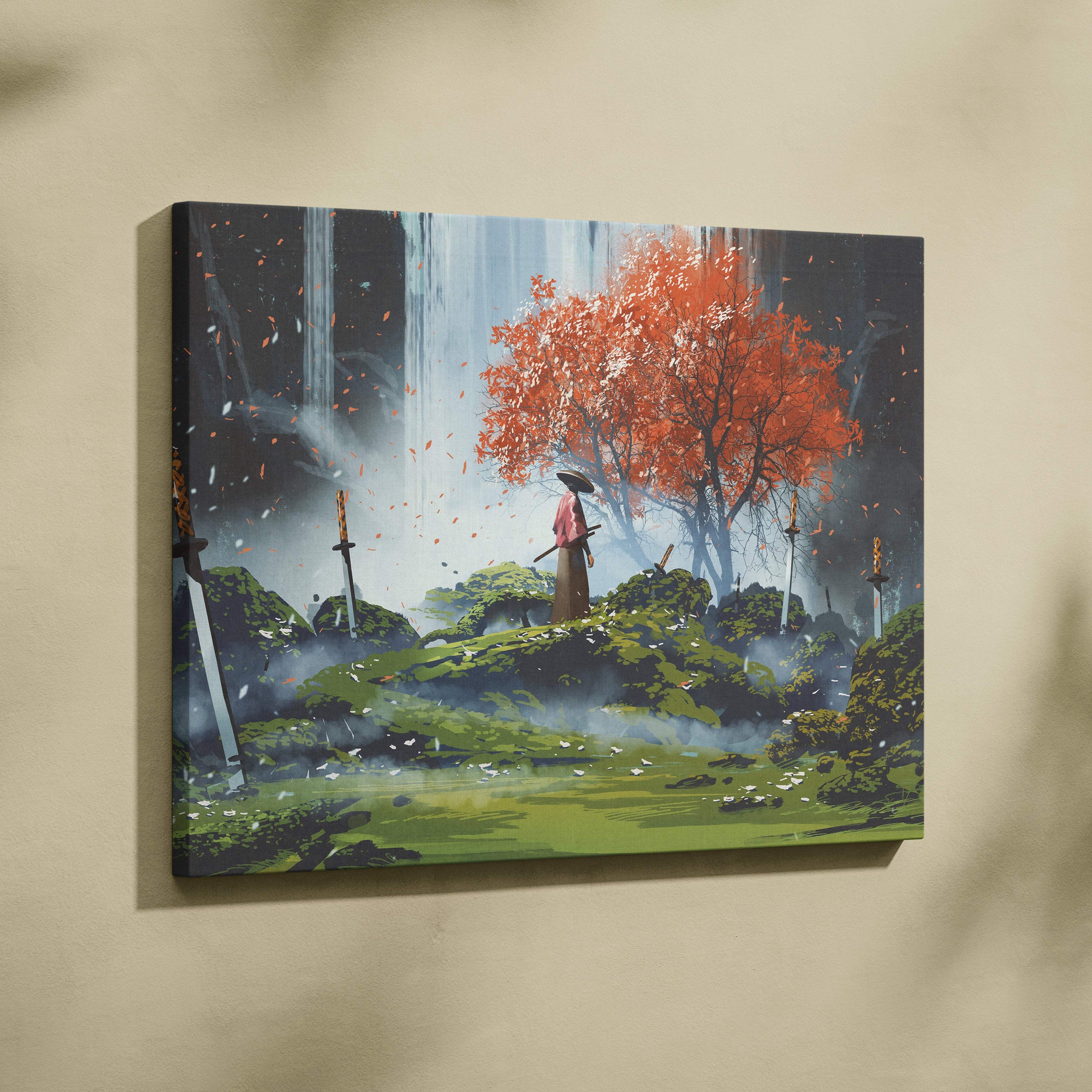 Rectangular canvas print of a lone samurai in traditional attire beneath a vibrant orange tree with swords in moss