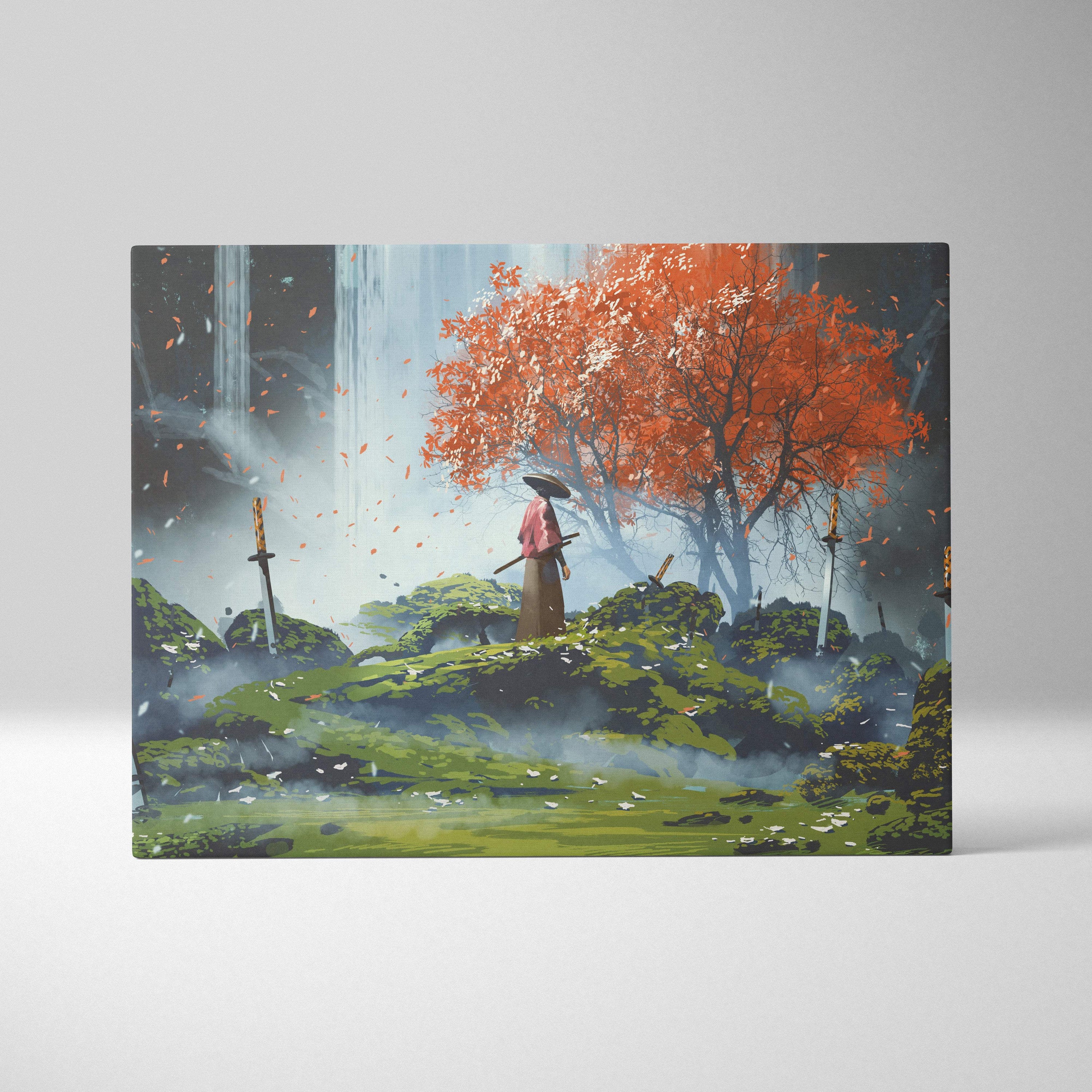 Rectangular canvas print of a lone samurai in traditional attire beneath an orange tree with swords in mossy rocks