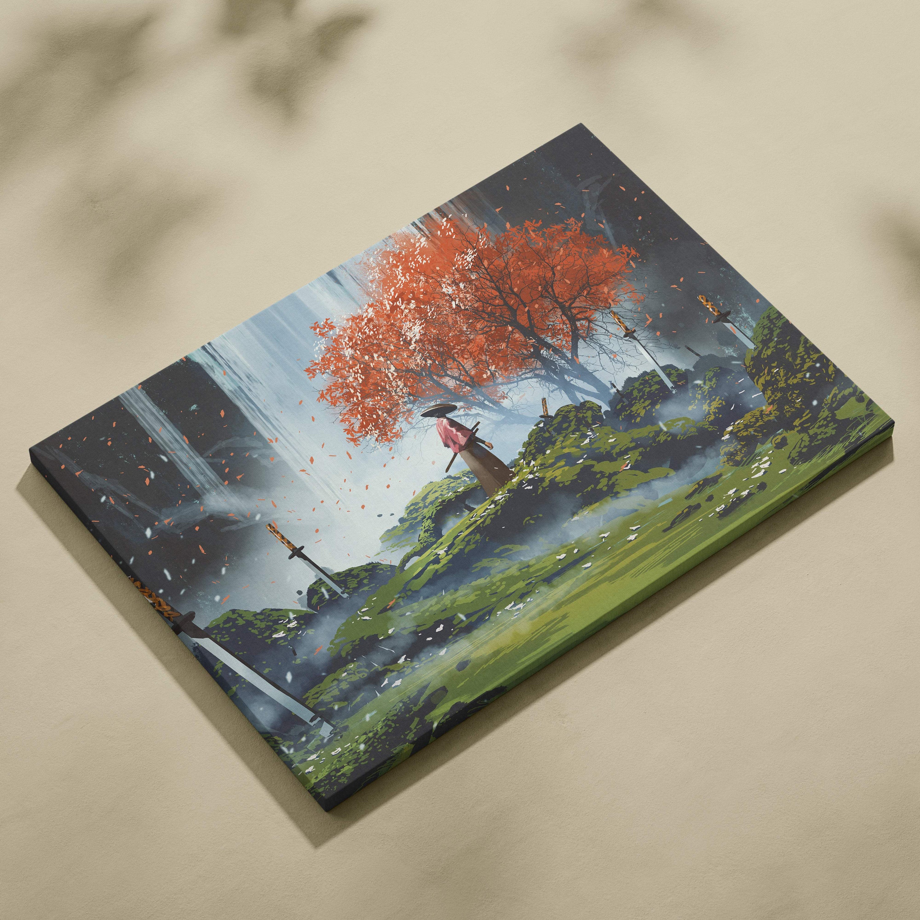 Rectangular canvas wall art featuring a vibrant red maple tree and misty green hills with swords in the ground