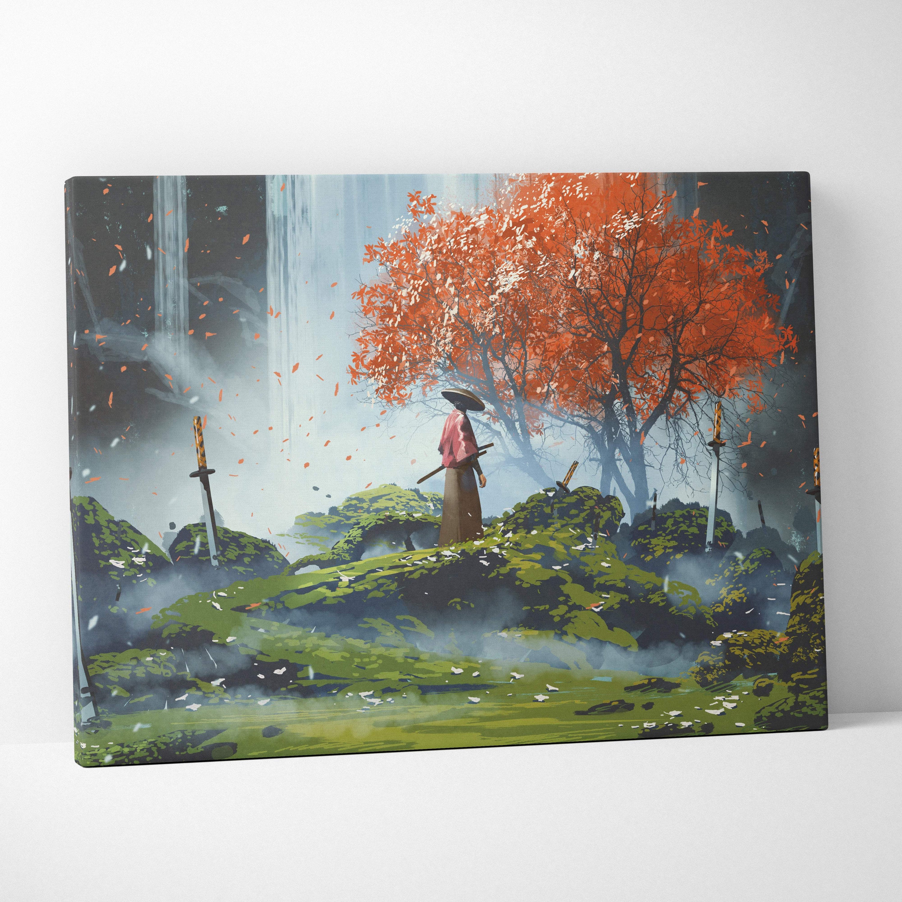 Rectangular canvas print of a lone samurai in traditional attire beneath an orange tree with swords in mossy ground
