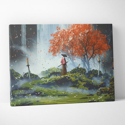 Rectangular canvas print of a lone samurai in traditional attire beneath an orange tree with swords in mossy ground