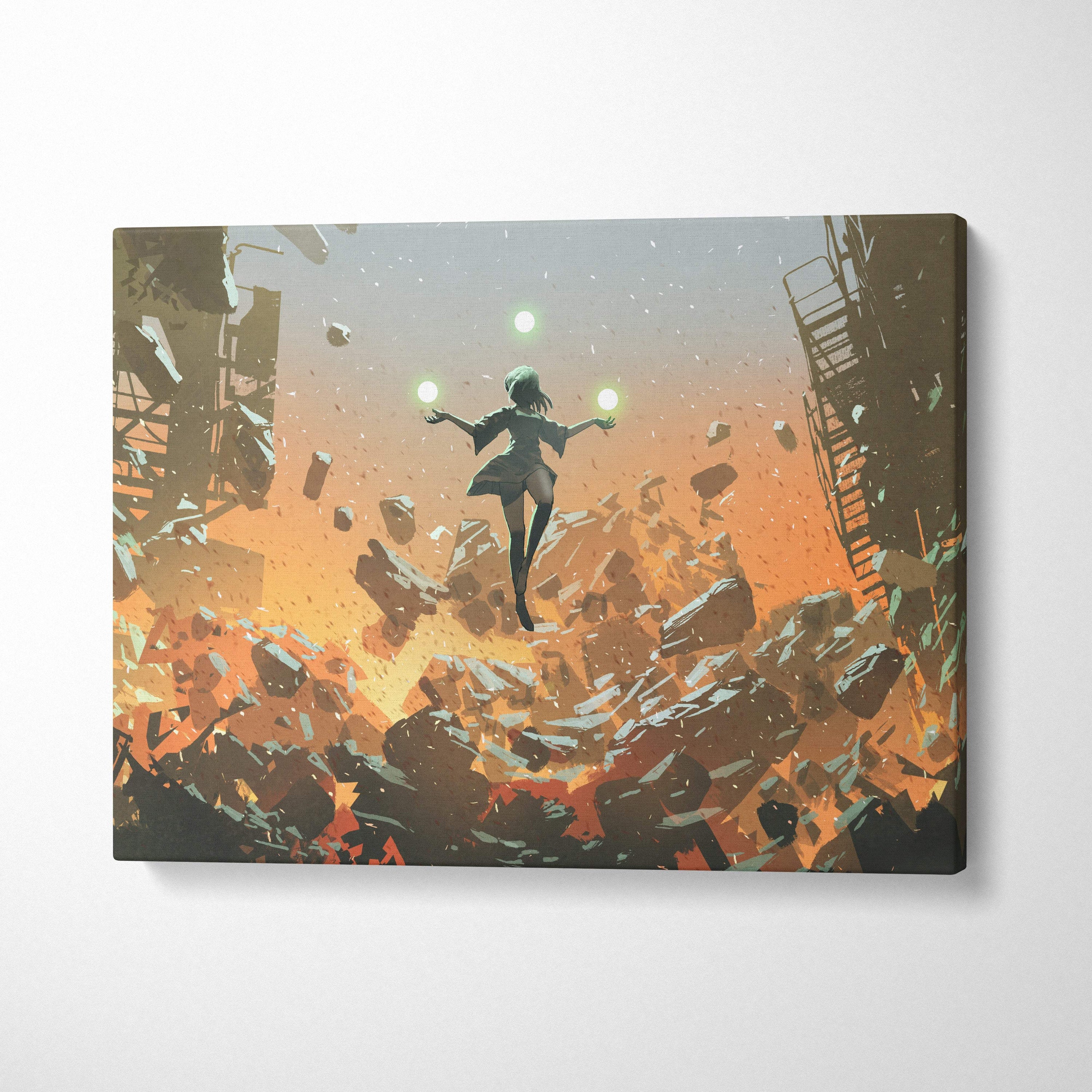 Canvas print of an anime-style girl in a dark dress floating with glowing orbs amid falling debris under an orange sky