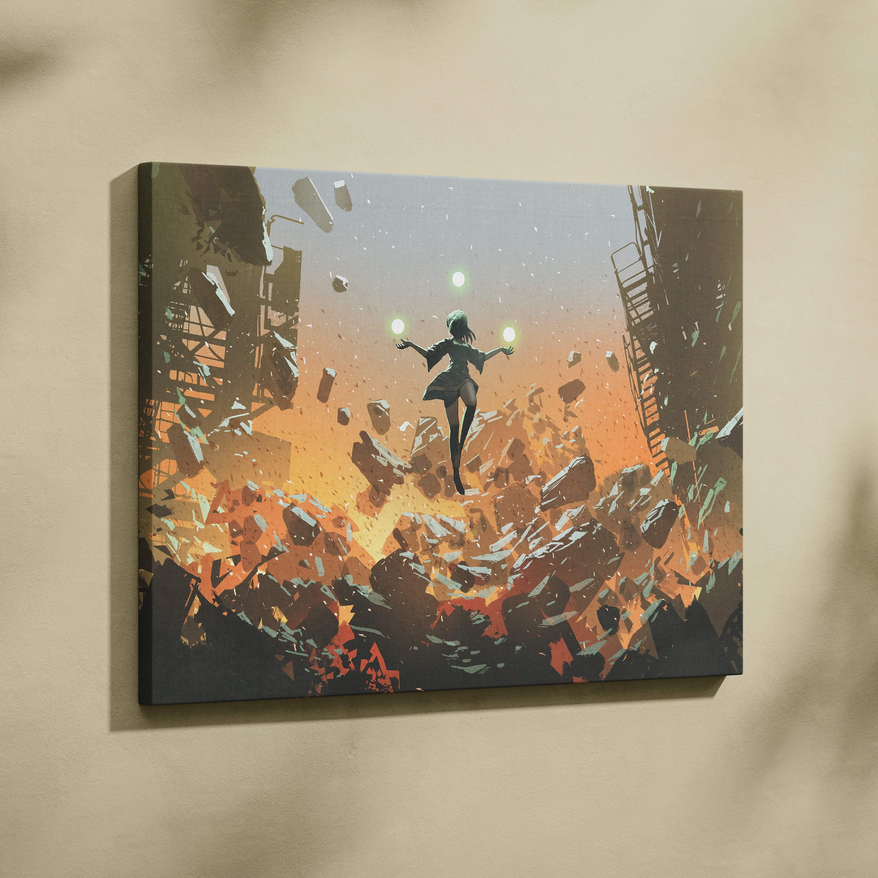 A rectangular canvas print of an anime girl with dark hair levitating glowing orbs amid orange city ruins