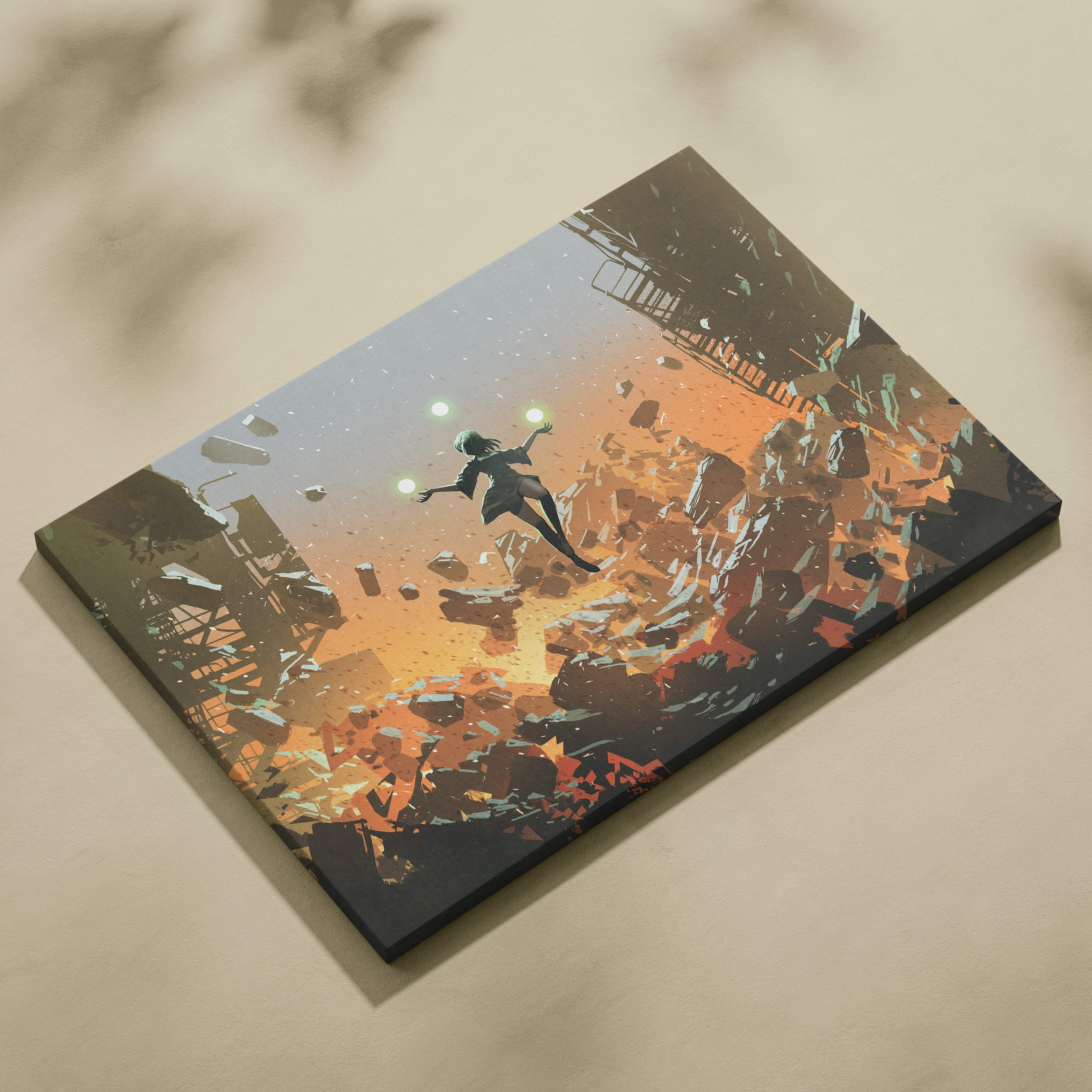 A rectangular anime telekinetic girl canvas print with fiery orange and gray sky leaping through city debris