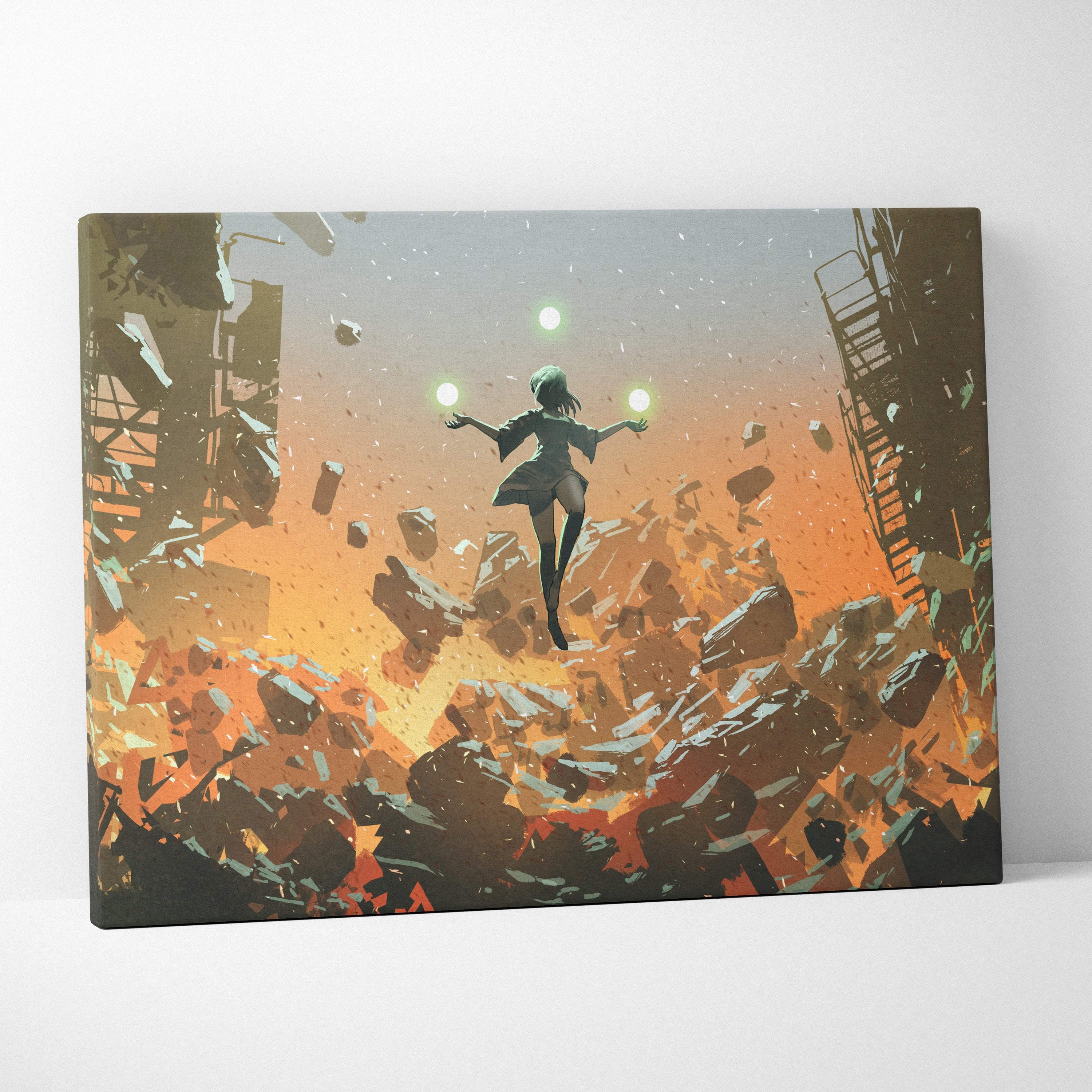 Canvas print of an anime-style dark-haired girl levitating amid fiery rubble and glowing orbs in a futuristic cityscape