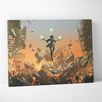 Canvas print of an anime-style dark-haired girl levitating amid fiery rubble and glowing orbs in a futuristic cityscape