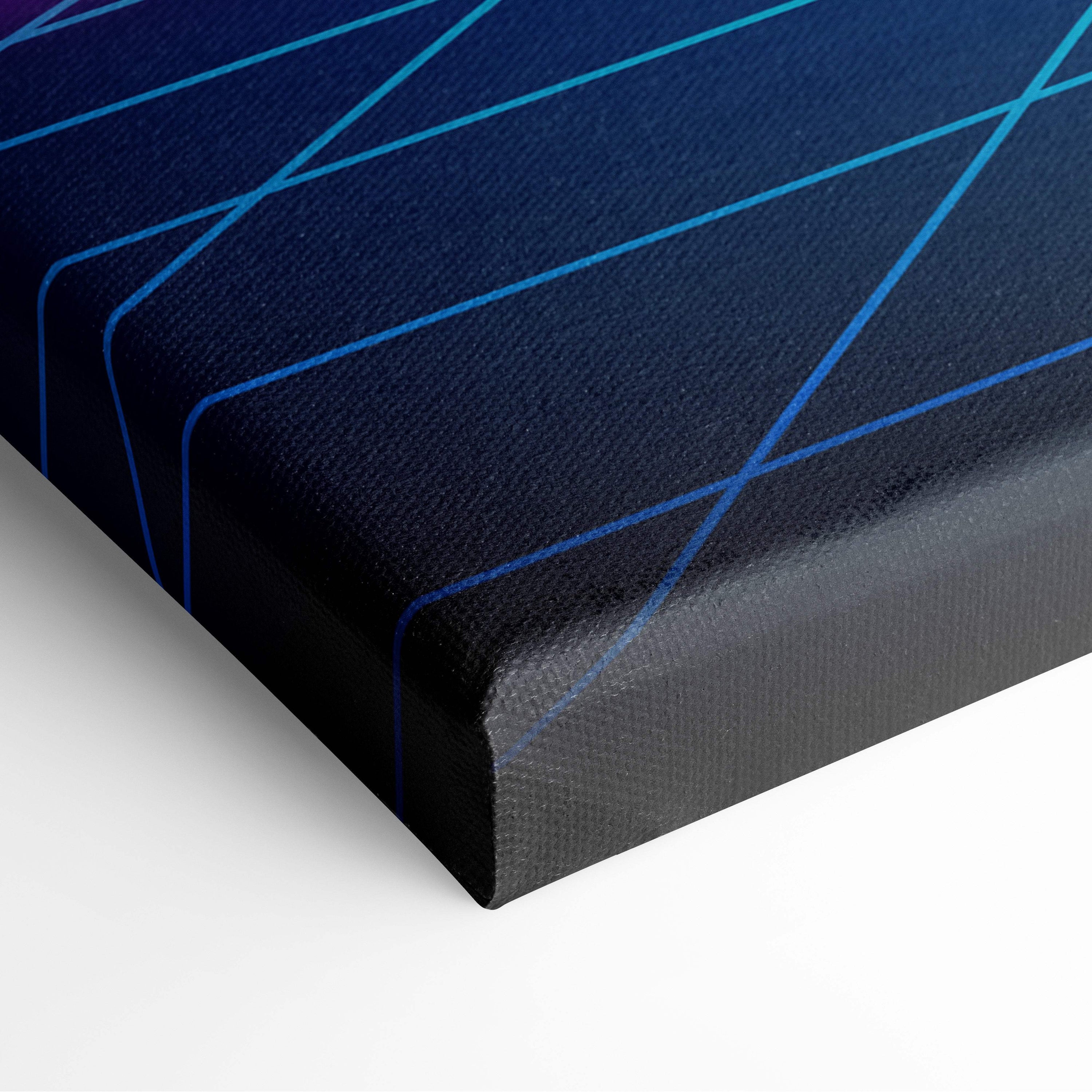 Navy blue canvas print featuring intersecting light blue geometric lines vaporwave neon triangle sunset art print
