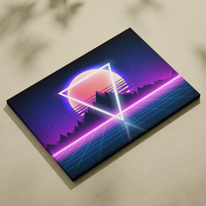 Vaporwave neon triangle sunset canvas art print featuring a glowing neon triangle and purple blue synthwave horizon