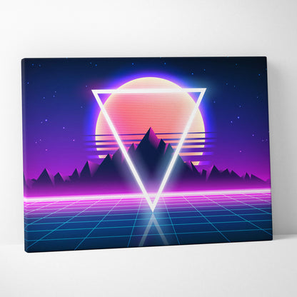 Vaporwave neon triangle sunset canvas art print featuring a glowing purple blue synthwave triangle and retrowave mountain grid