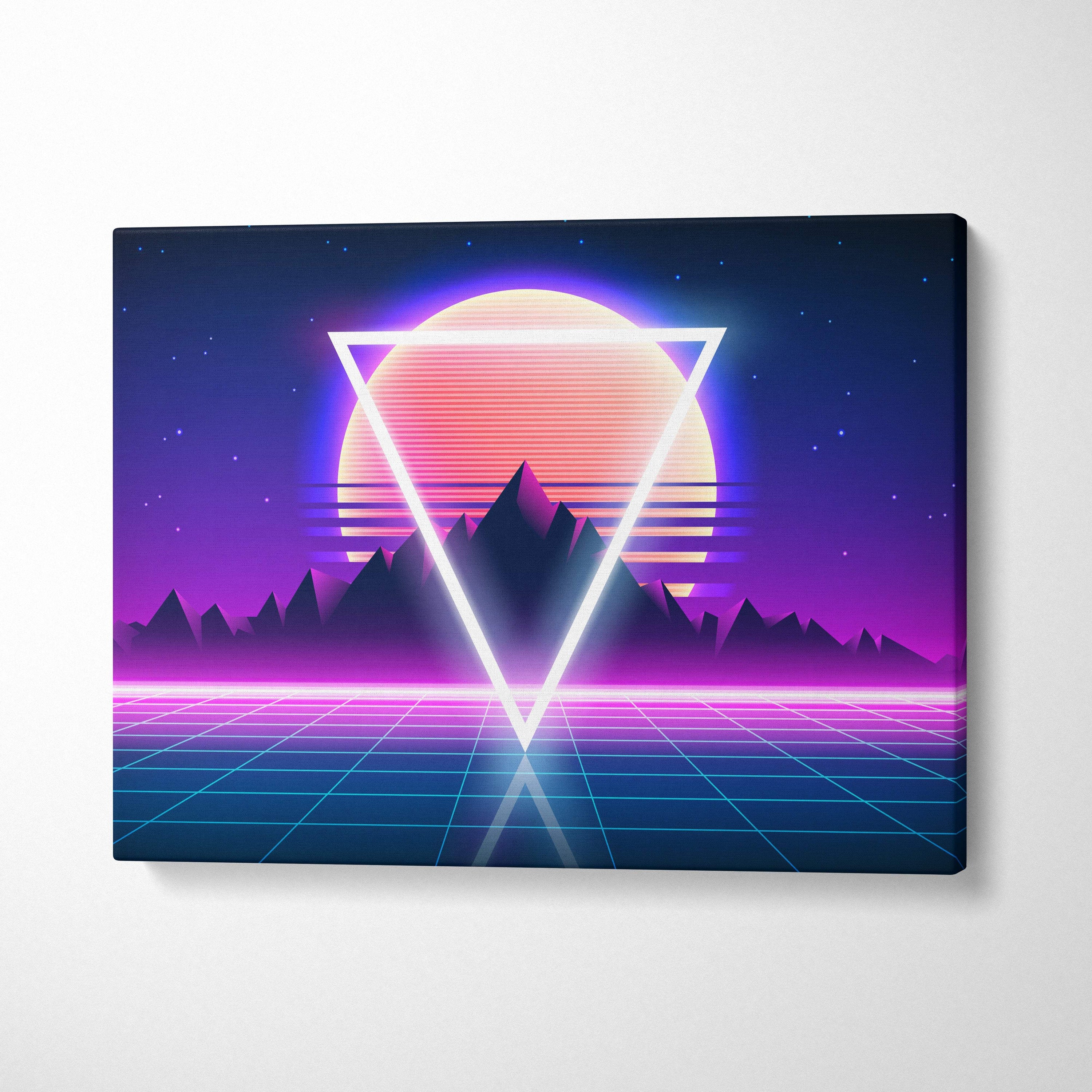 Vaporwave neon triangle sunset canvas art print with glowing white triangle and pixelated purple blue retrowave mountains