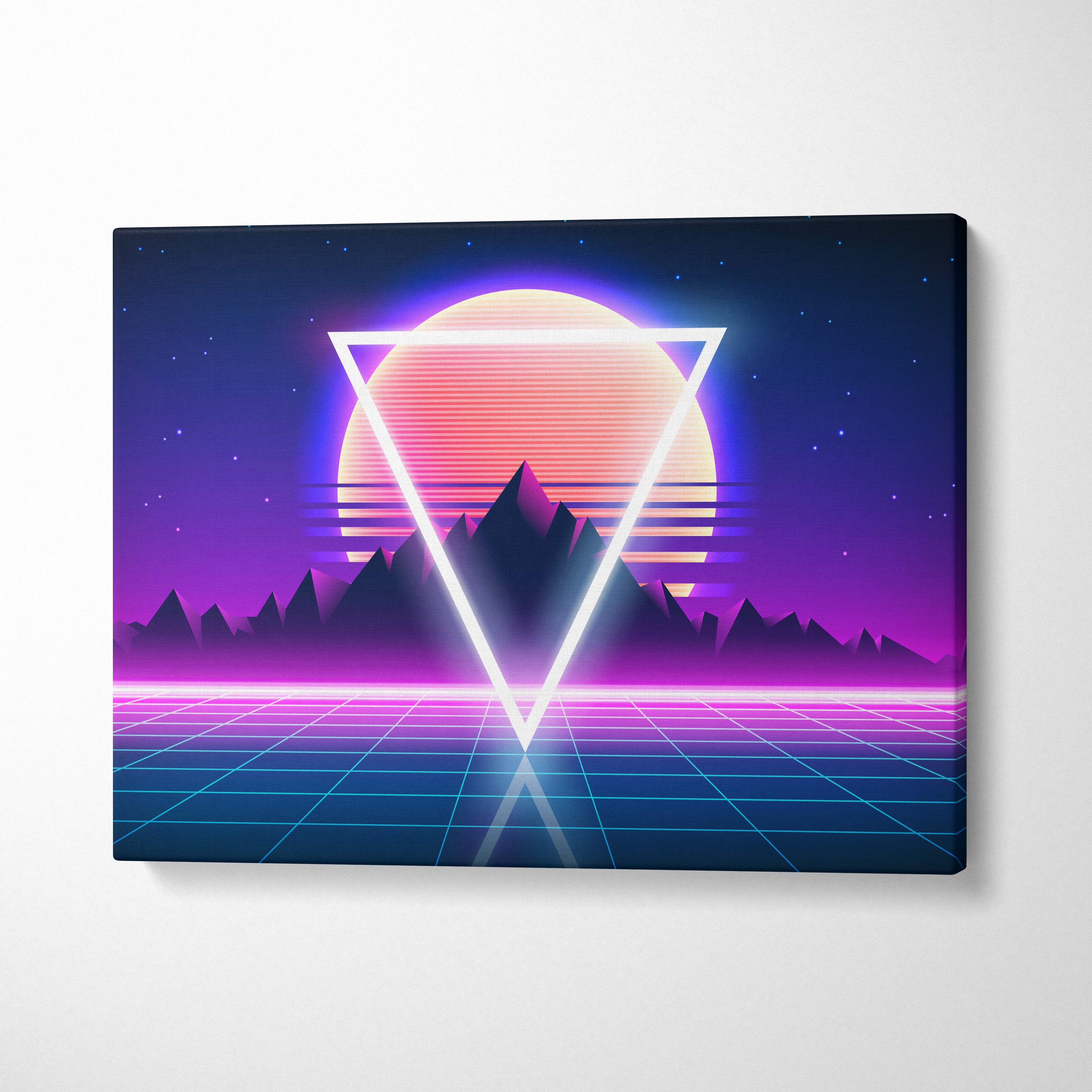 Vaporwave neon triangle sunset canvas art print with glowing white triangle and pixelated purple blue retrowave mountains