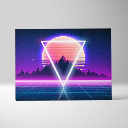 Vaporwave neon triangle sunset canvas art print with retro-futuristic pink orange sun and purple synthwave mountain scene