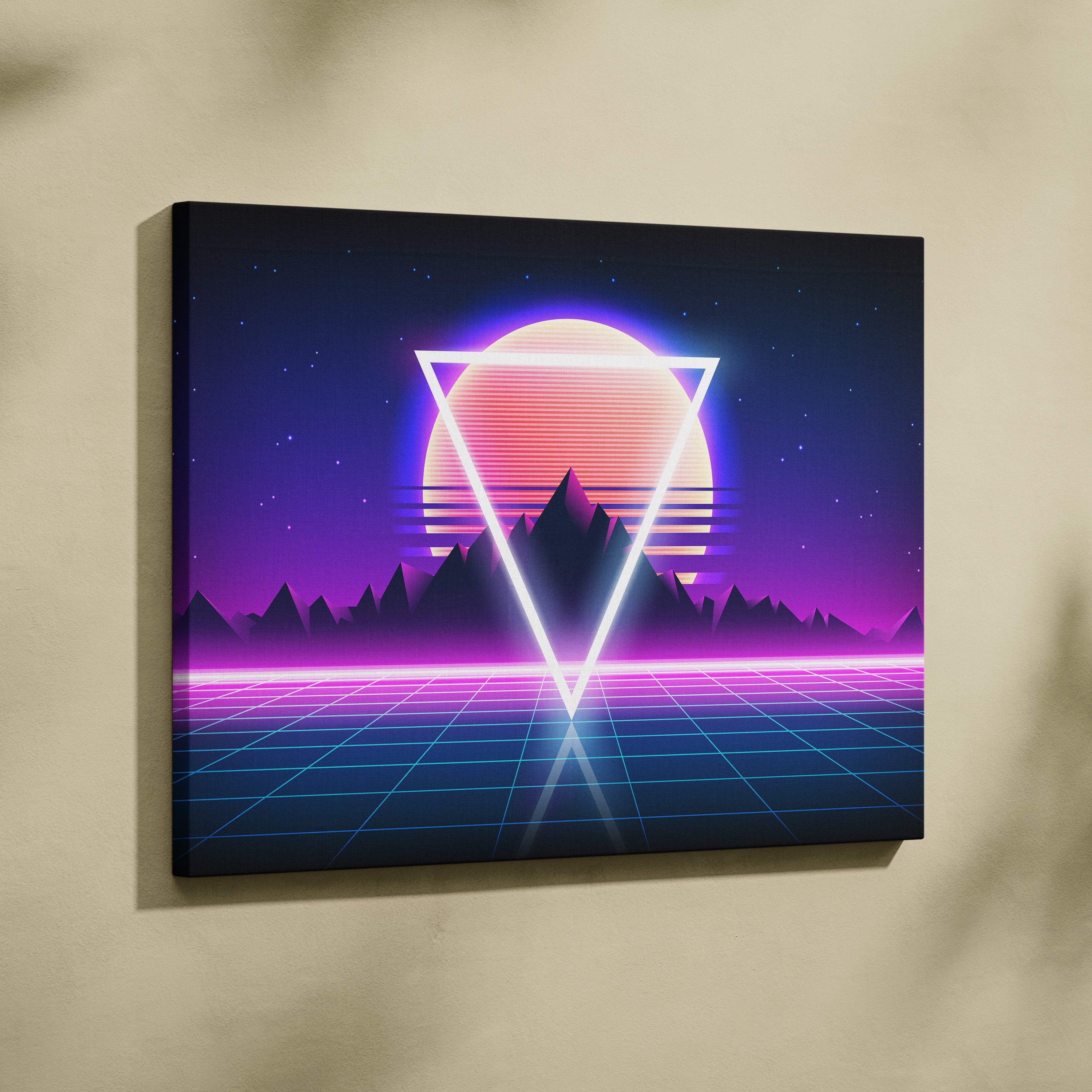 Vaporwave neon triangle sunset canvas art print with glowing pink purple sun dark mountains and neon grid landscape