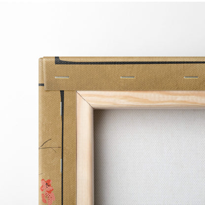 Japanese torii gate canvas wall art with beige textured surface, light wood frame, and red floral cherry blossom accents