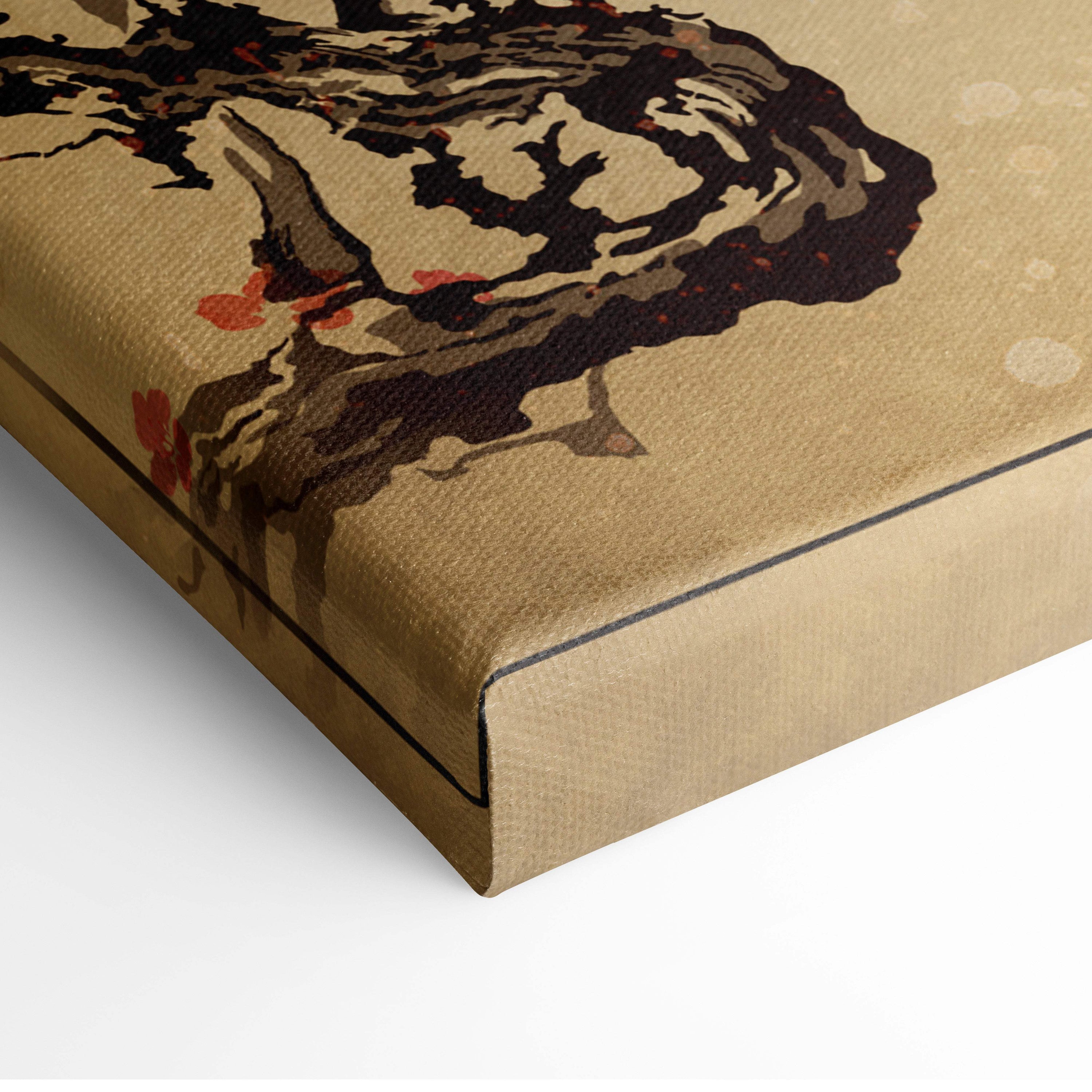 Beige canvas print with abstract dark brown tree branches and red blossoms japanese torii gate wall art decor