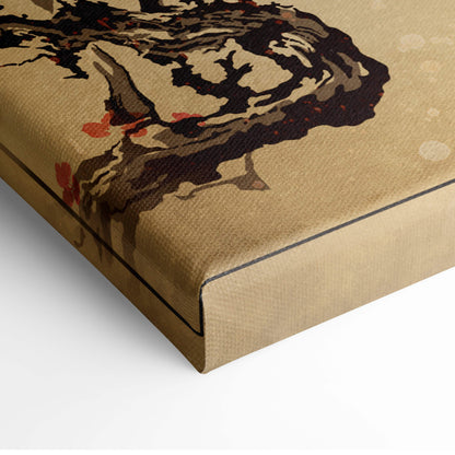Beige canvas print with abstract dark brown tree branches and red blossoms japanese torii gate wall art decor