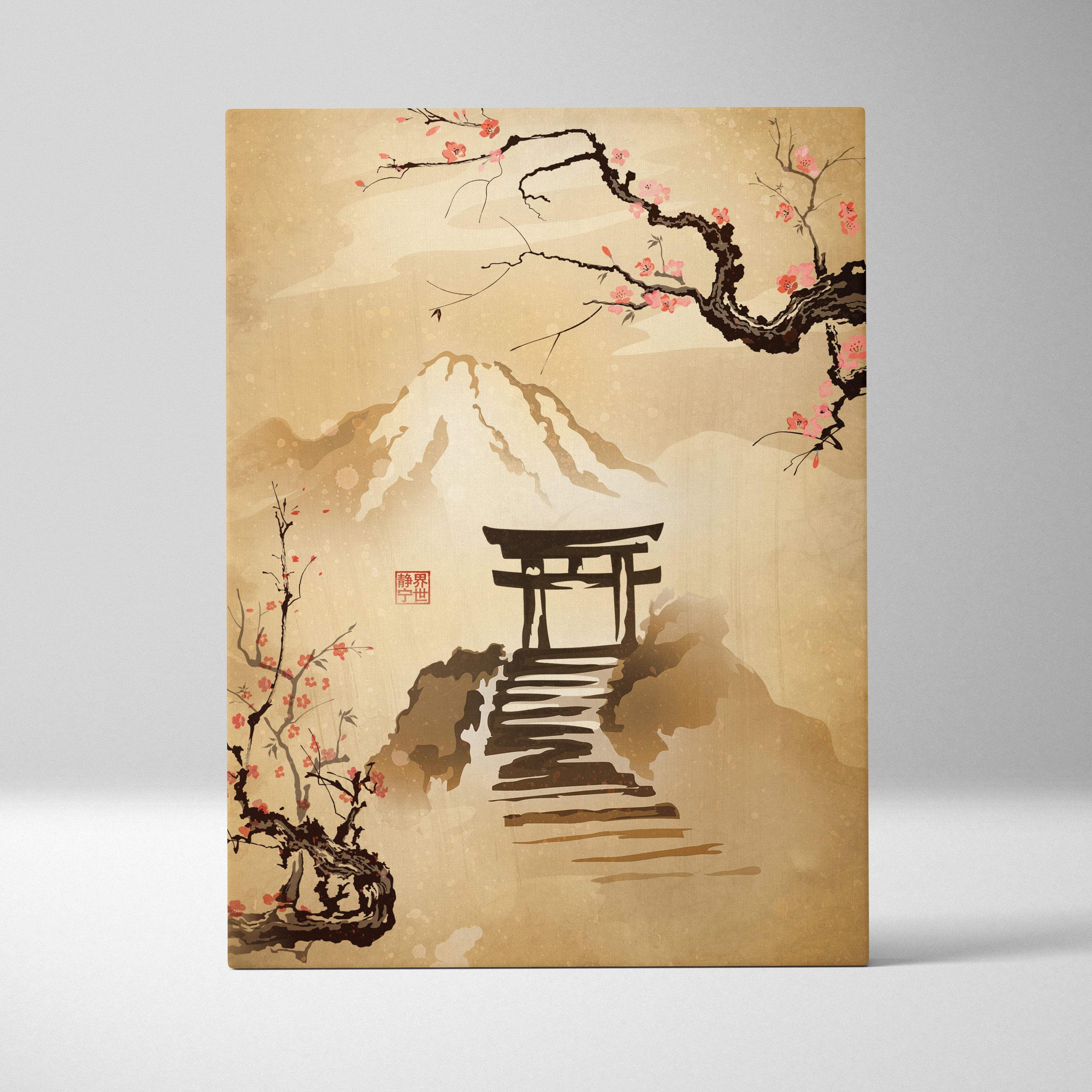 Japanese torii gate canvas wall art with pink cherry blossoms and mount fuji in gold asian ink painting style