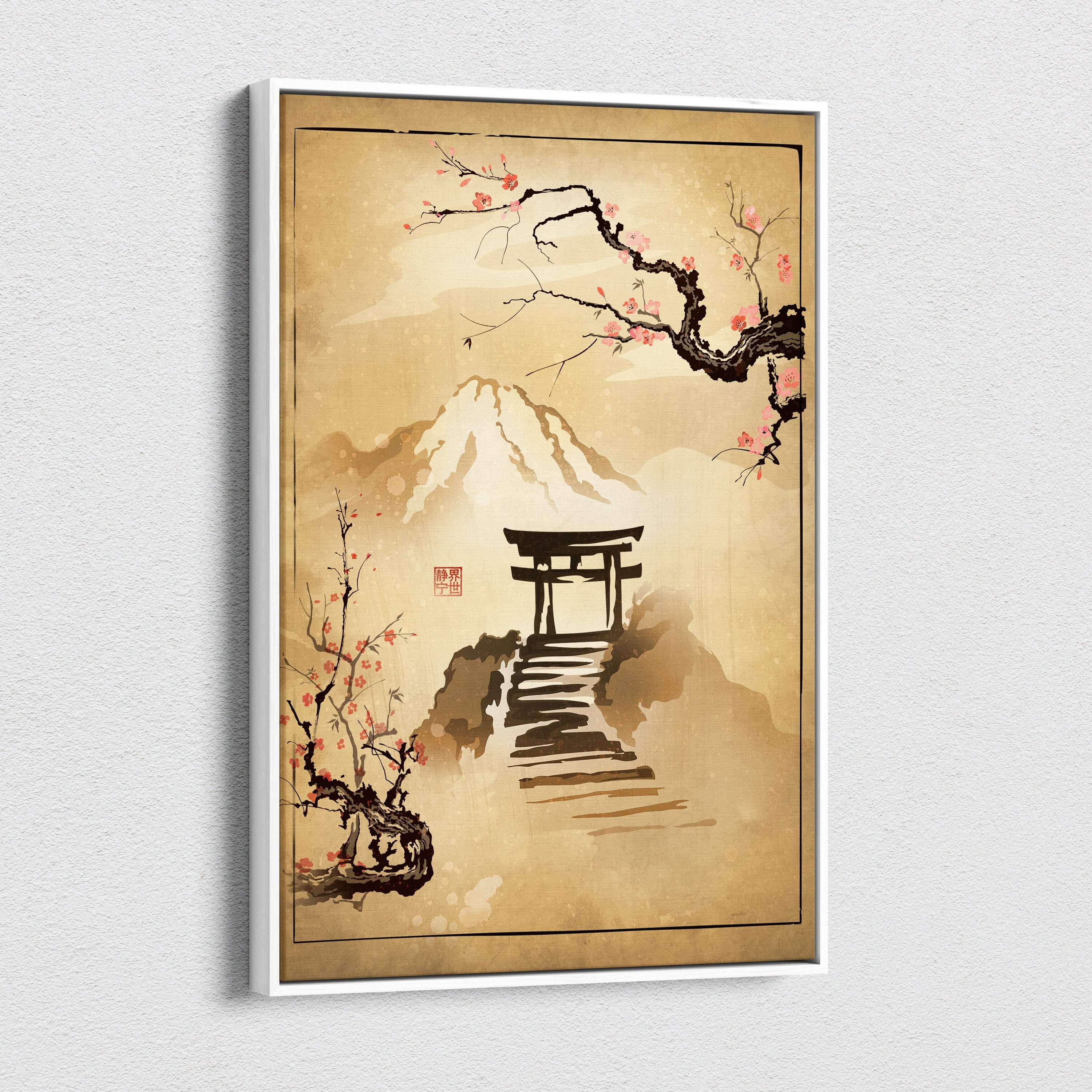 A framed japanese torii gate canvas wall art with pink cherry blossoms and mount fuji in gold ink on sepia background