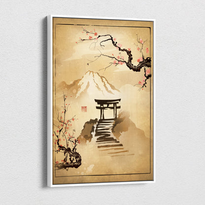 A framed japanese torii gate canvas wall art with pink cherry blossoms and mount fuji in gold ink on sepia background