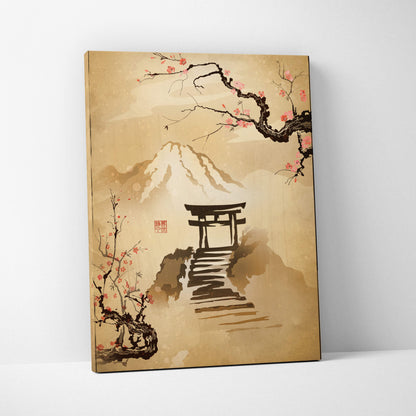 Beige canvas wall art featuring a traditional japanese torii gate with pink cherry blossoms in gold ink wash style