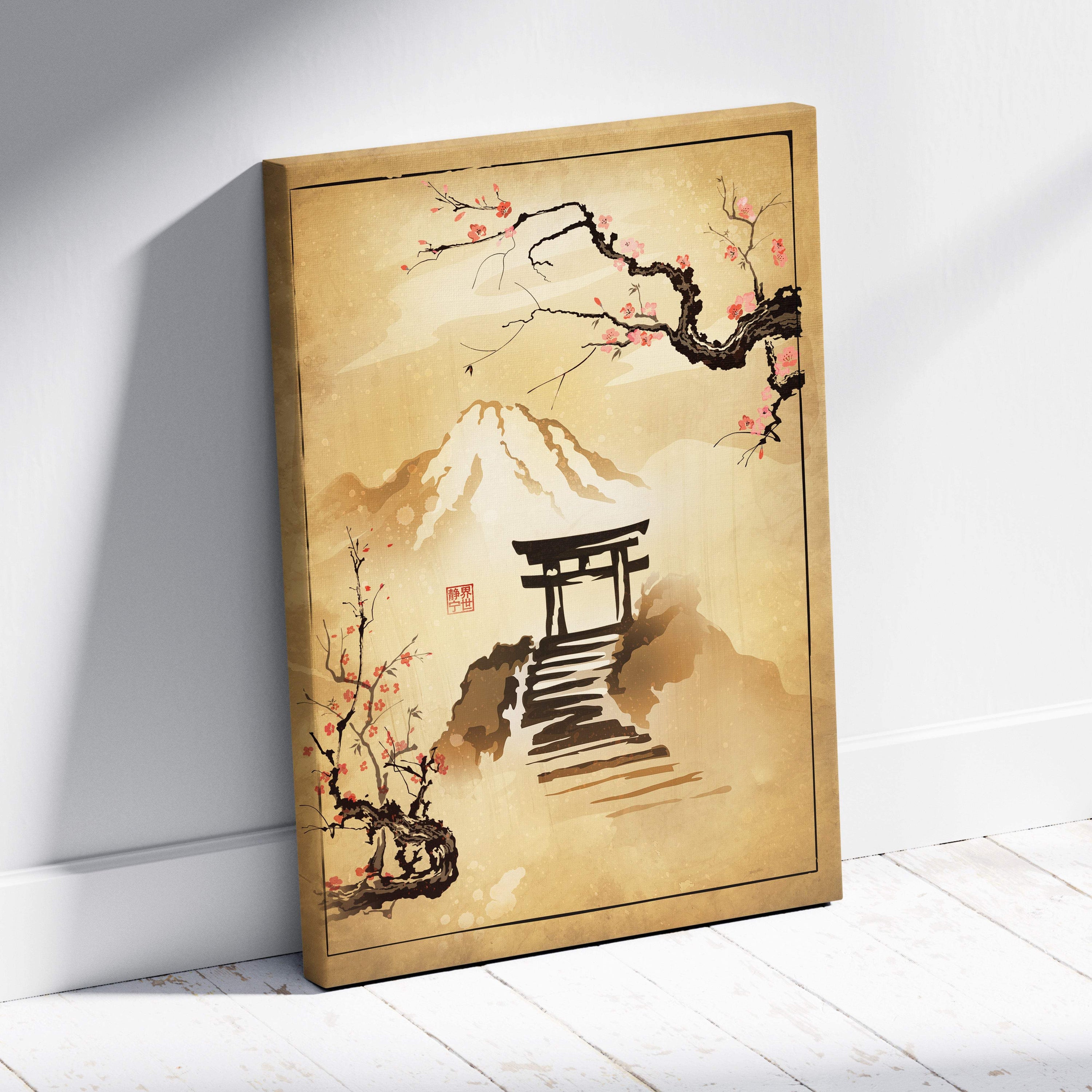 Beige canvas wall art featuring a japanese torii gate with pink cherry blossoms and mount fuji in gold ink style