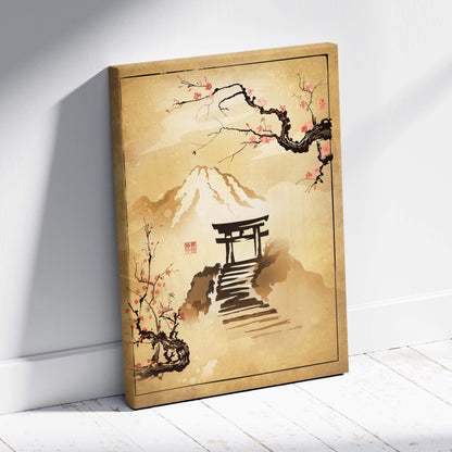 Beige canvas wall art featuring a japanese torii gate with pink cherry blossoms and mount fuji in gold ink style