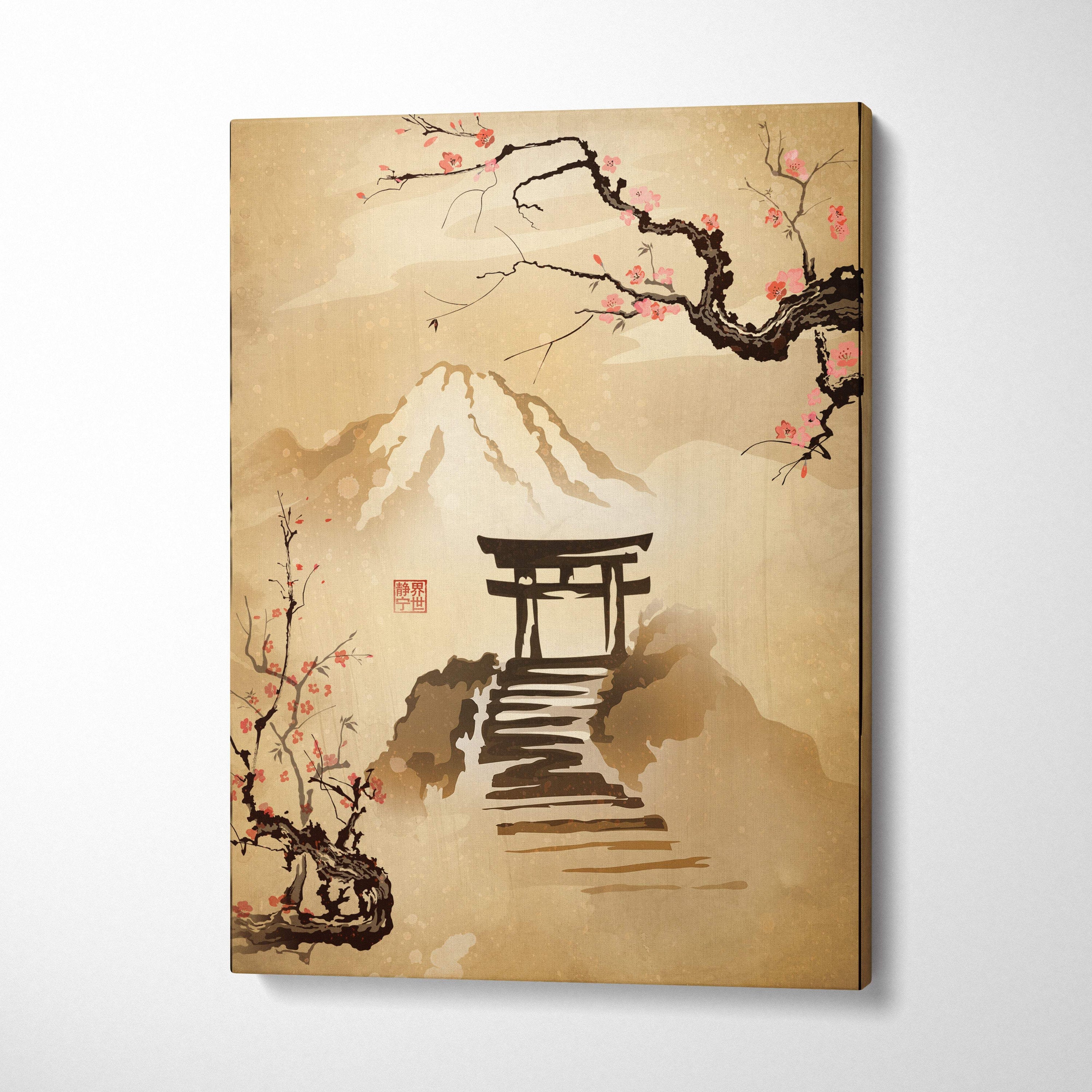 Beige canvas wall art featuring a traditional japanese torii gate on stone steps with pink cherry blossoms and mount fuji