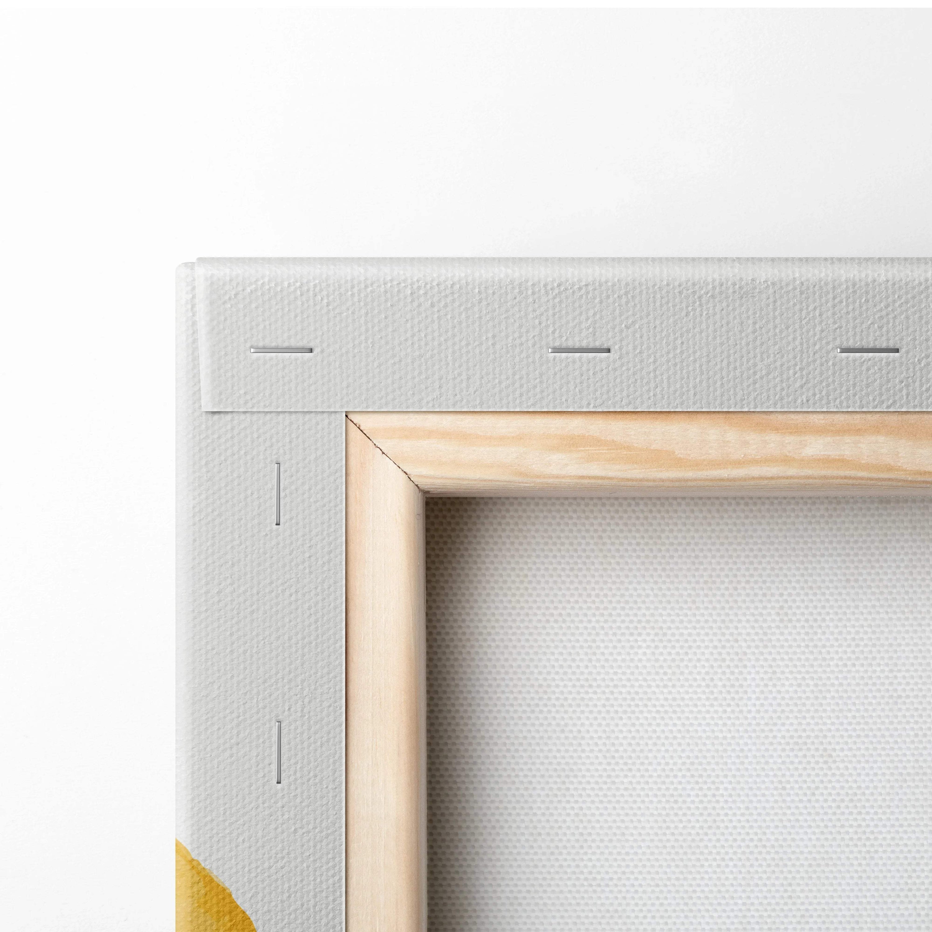 Back of light gray canvas with natural wood frame and stitching, abstract geometric art