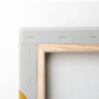 Back of light gray canvas with natural wood frame and stitching, abstract geometric art