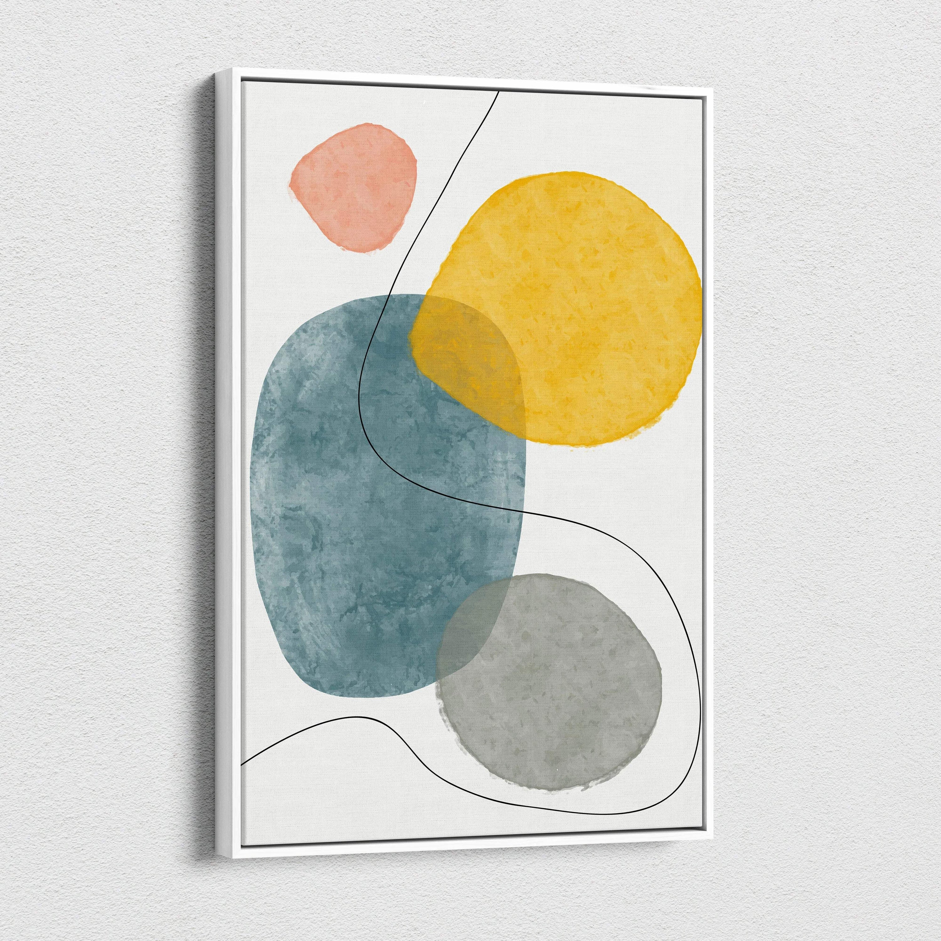 Modern abstract canvas wall art in mustard yellow teal blue gray peach on white