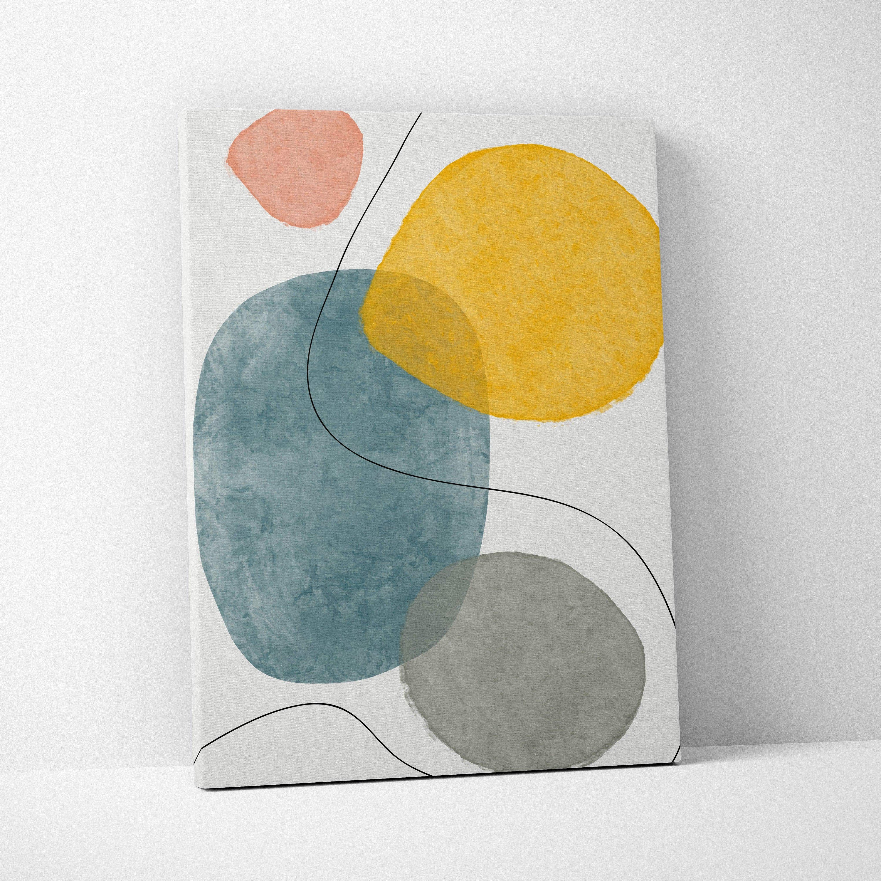 Modern abstract canvas wall art with watercolor circles in peach, mustard yellow, teal blue, gray on white background