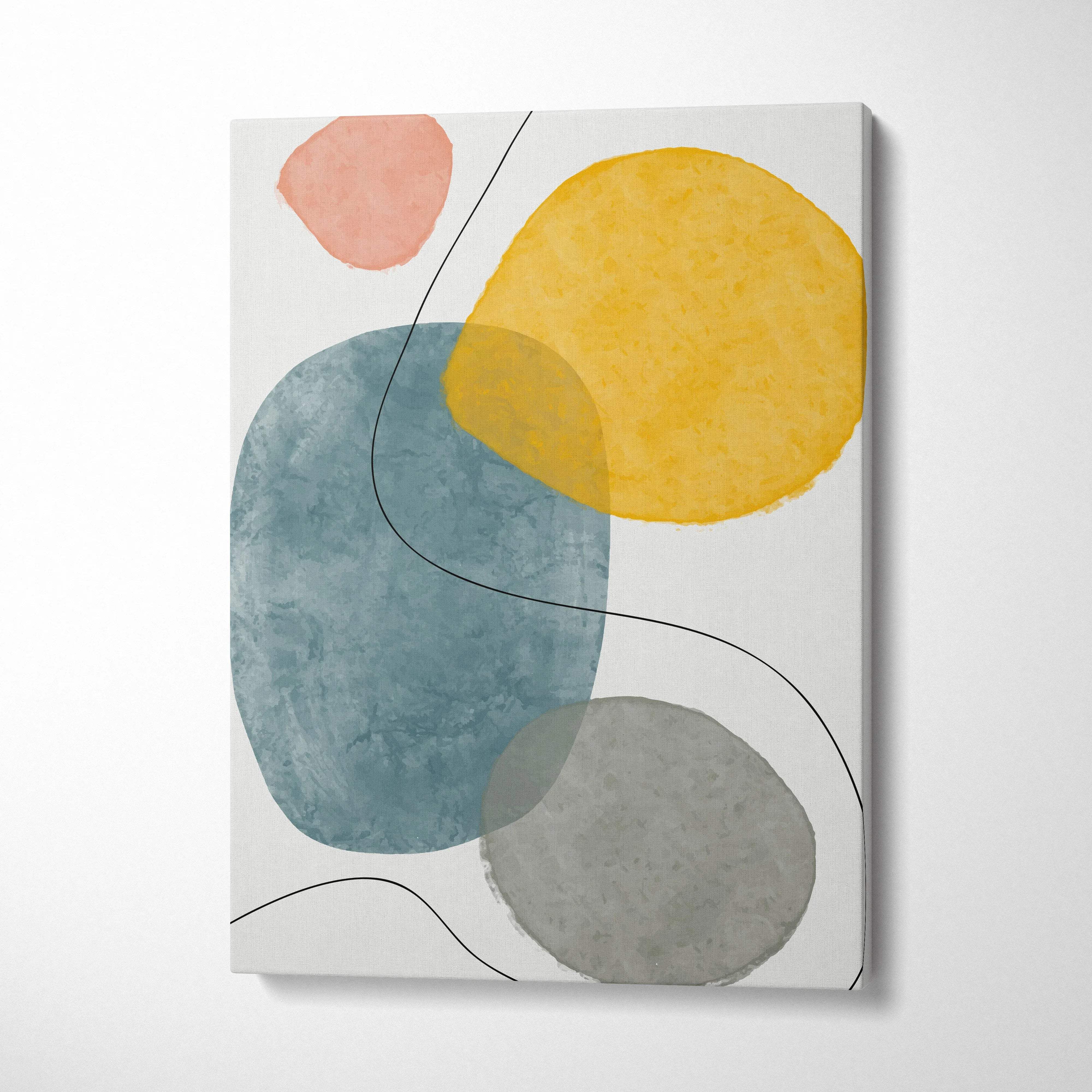 Modern abstract canvas wall art in mustard yellow, teal blue, gray, blush pink