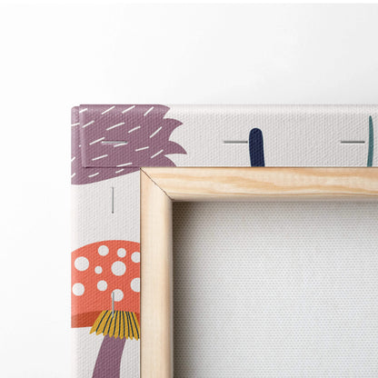 Whimsical colorful polka-dot mushrooms on wooden canvas wall art