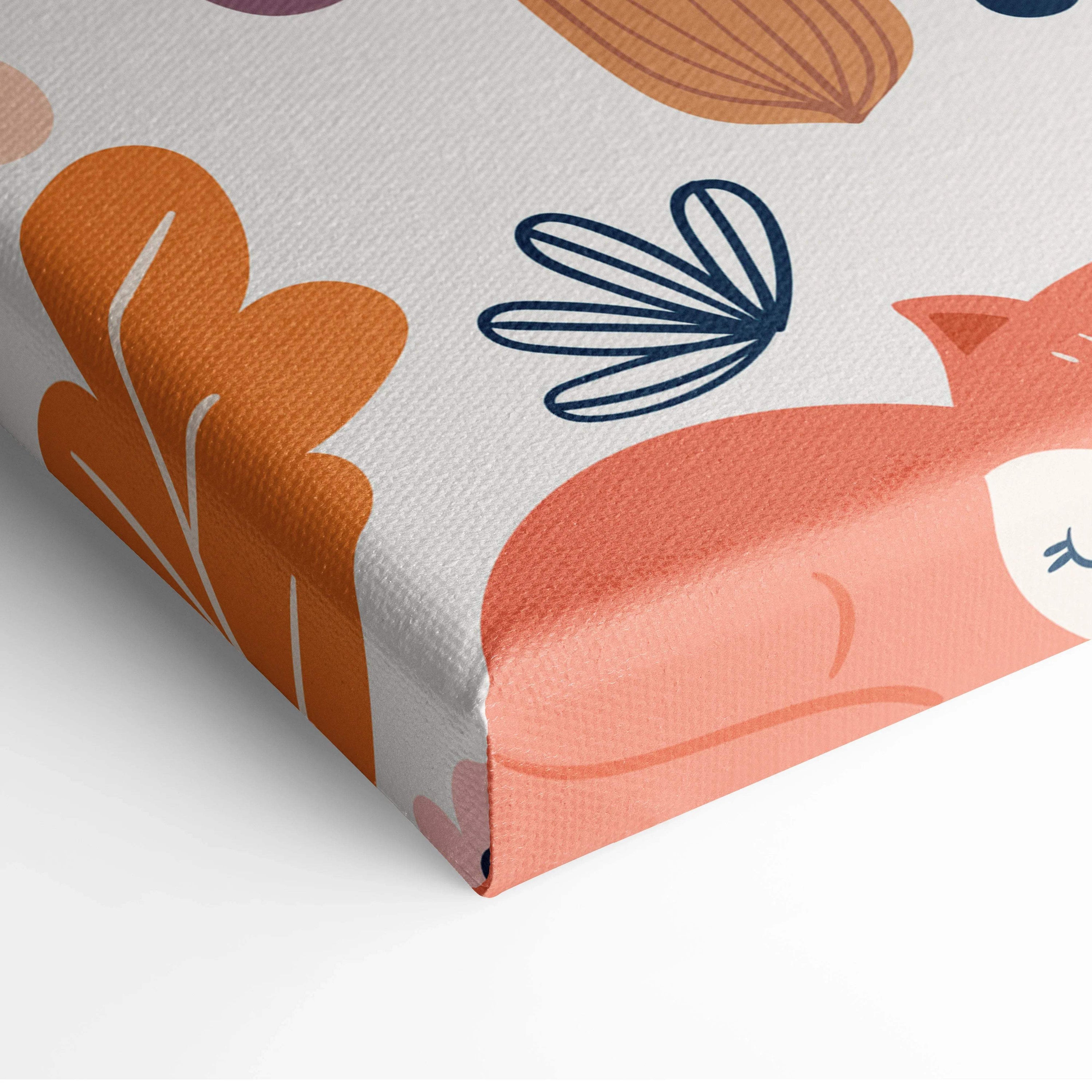 Cozy coral fox on textured canvas with orange navy botanical motifs