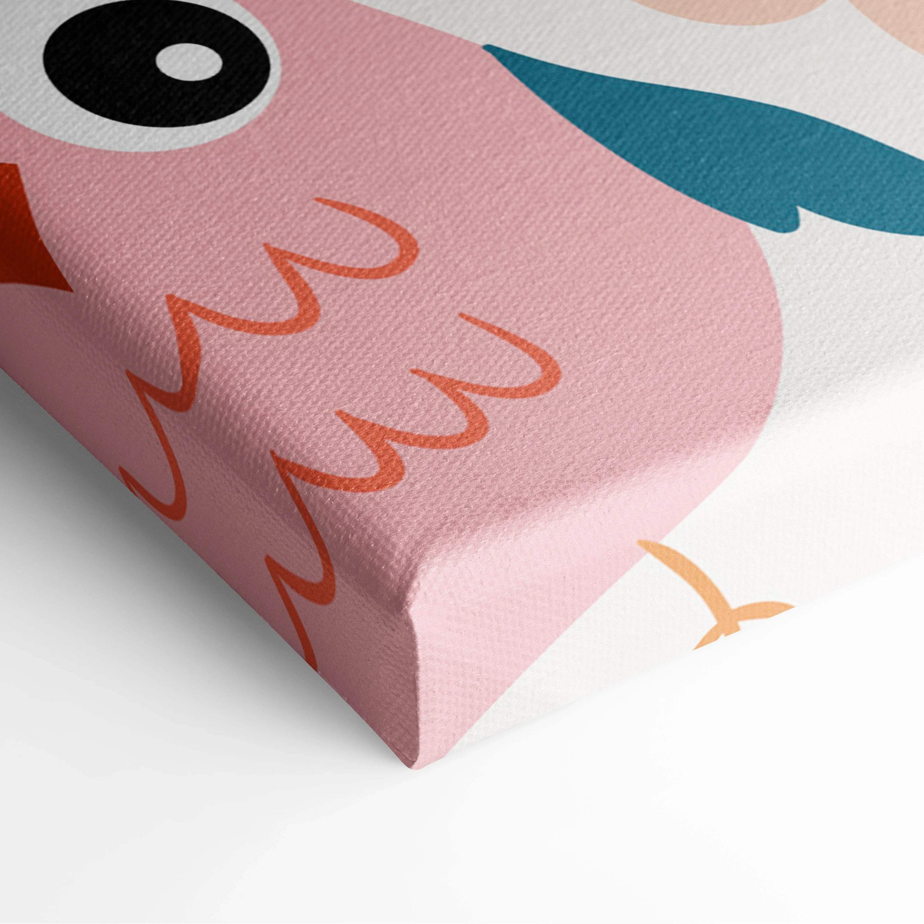 Pink cartoon owl with teal wings on pastel woodland animals canvas art
