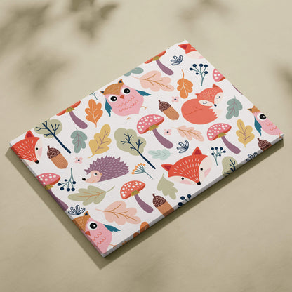 Pastel woodland animals canvas wall art with pink owls foxes hedgehogs mushrooms