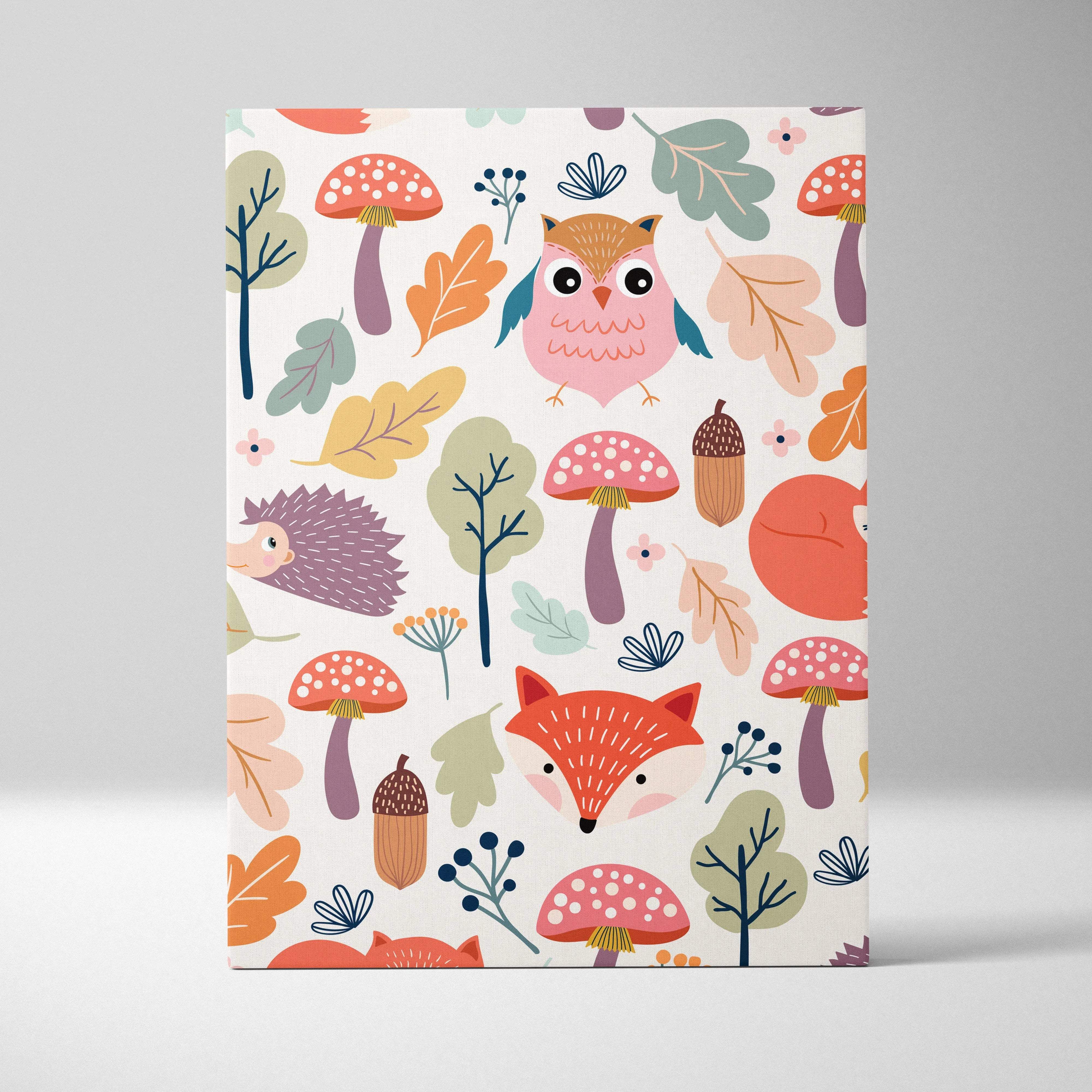 Whimsical woodland canvas wall art with pink owls, foxes, hedgehogs, autumn leaves