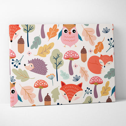 Pastel woodland animals canvas wall art with foxes owls hedgehogs mushrooms