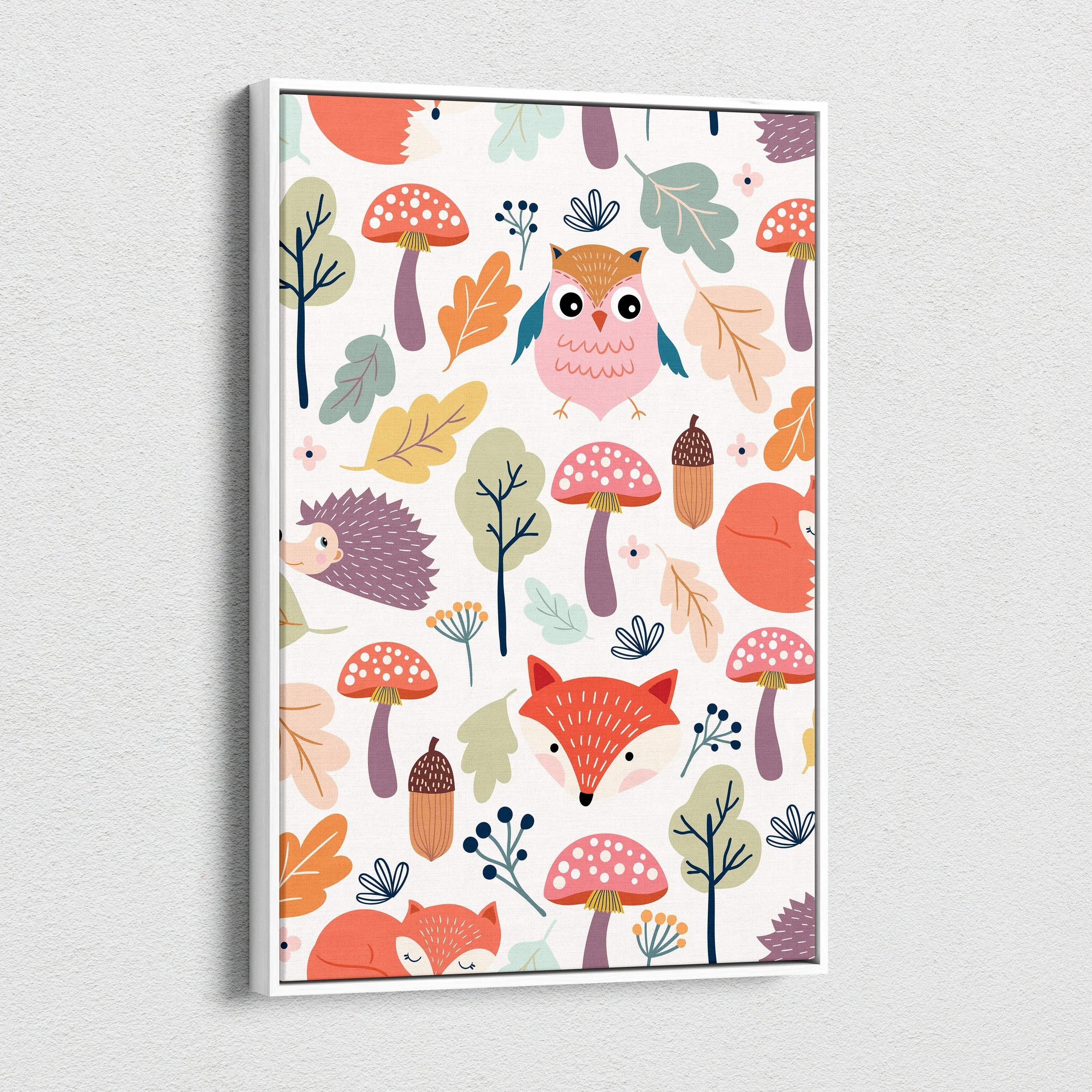 Whimsical woodland animals canvas wall art with foxes owls hedgehogs in pastel tones