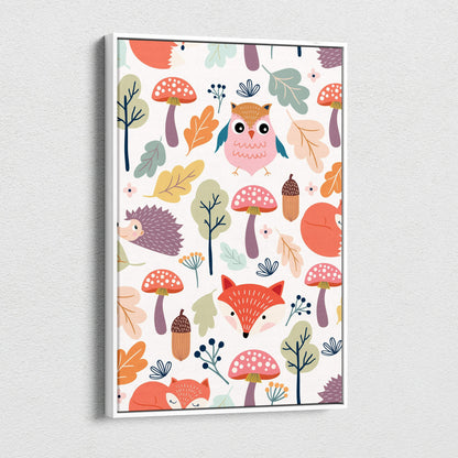 Whimsical woodland animals canvas wall art with foxes owls hedgehogs in pastel tones