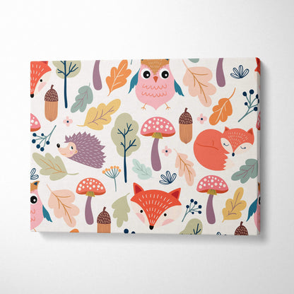 Pastel woodland animals canvas wall art with foxes owls hedgehogs mushrooms