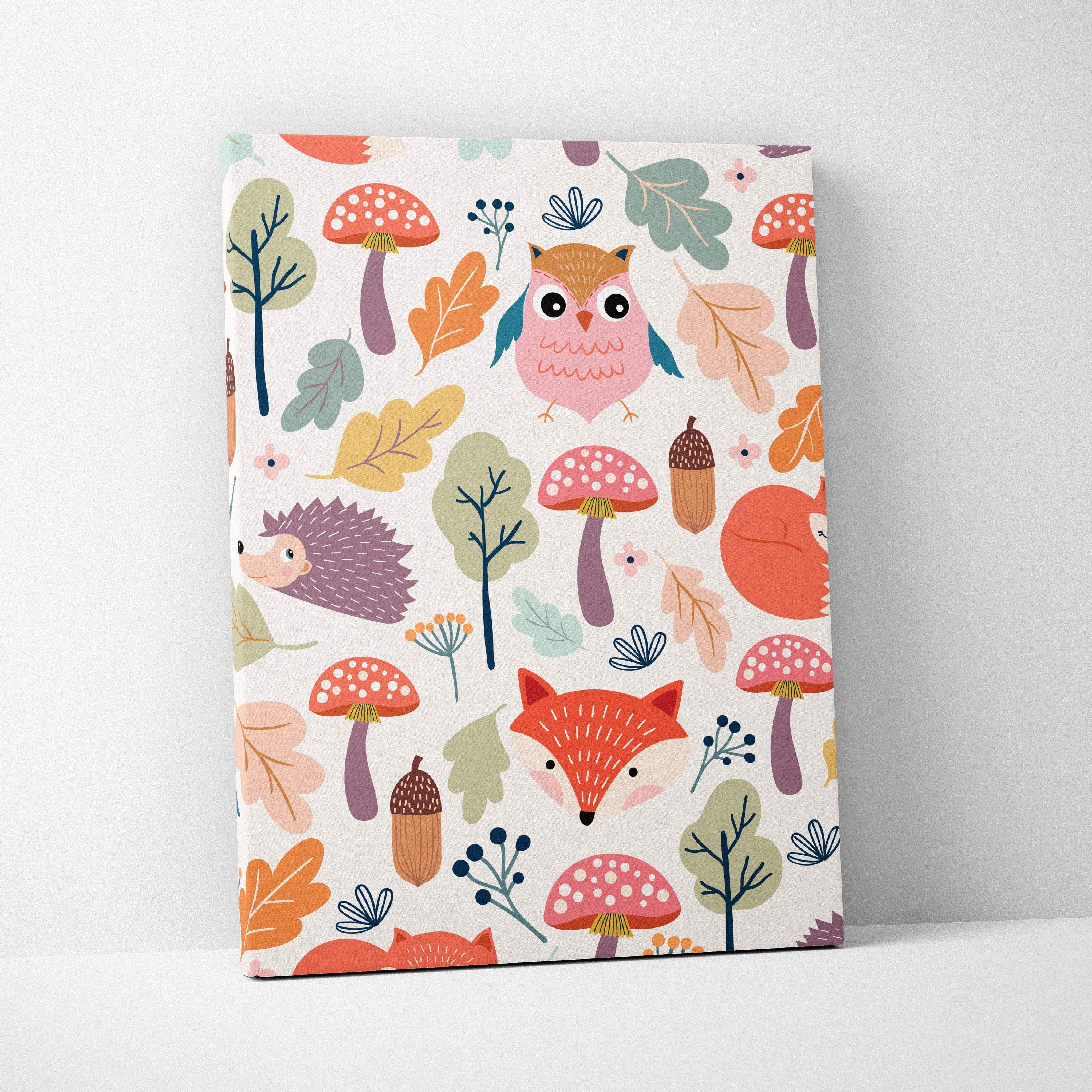 Whimsical woodland animals canvas art with foxes owls hedgehogs in autumn tones